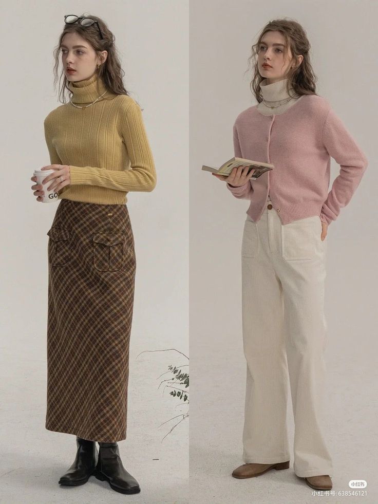 the image shows two women in different outfits.  the woman on the left is wearing a mustard yellow turtleneck sweater, a brown plaid midi skirt, and black ankle boots.  the woman on the right is wearing a pale pink cardigan, offwhite wideleg pants, and brown loafers.  both outfits are styled in a minimalist, autumnal fashion aesthetic. the backdrop is a simple, light neutral tone. both women are holding something; the left is holding a coffee cup and the right is holding a book.