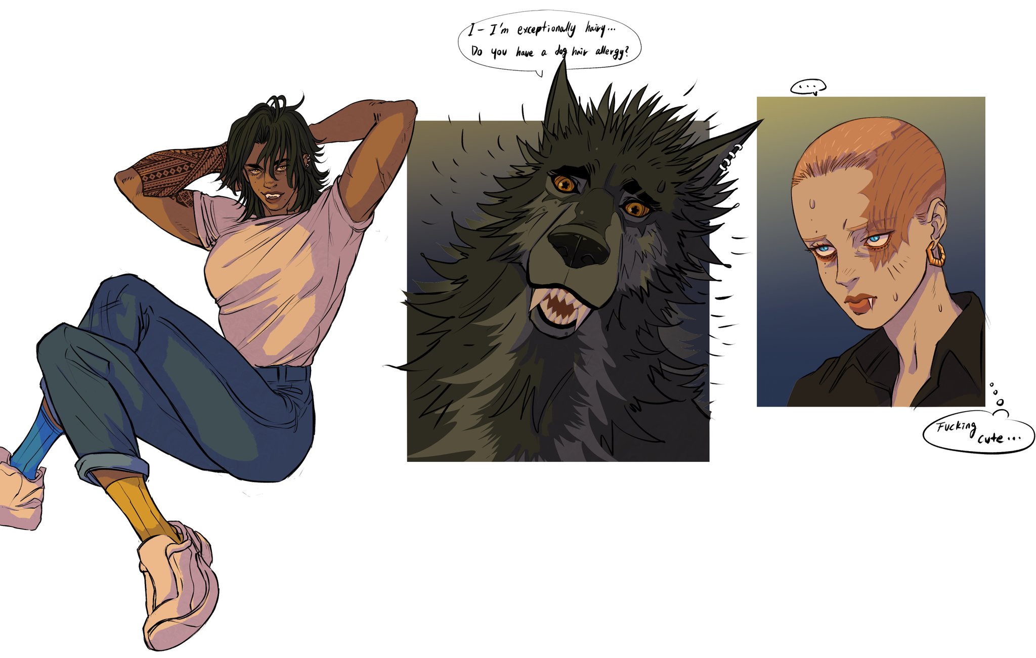 the image contains illustrations of a werewolf and two individuals. on the left, a person with tattoos on their arm is sitting, wearing jeans, a tshirt, and sneakers. in the center, there's a closeup drawing of a werewolf. on the right, there is a bald woman with small fangs. speech bubbles are present with the texts "ii'm exceptionally hairy...do you have a dog hair allergy?" and "fucking cute...".