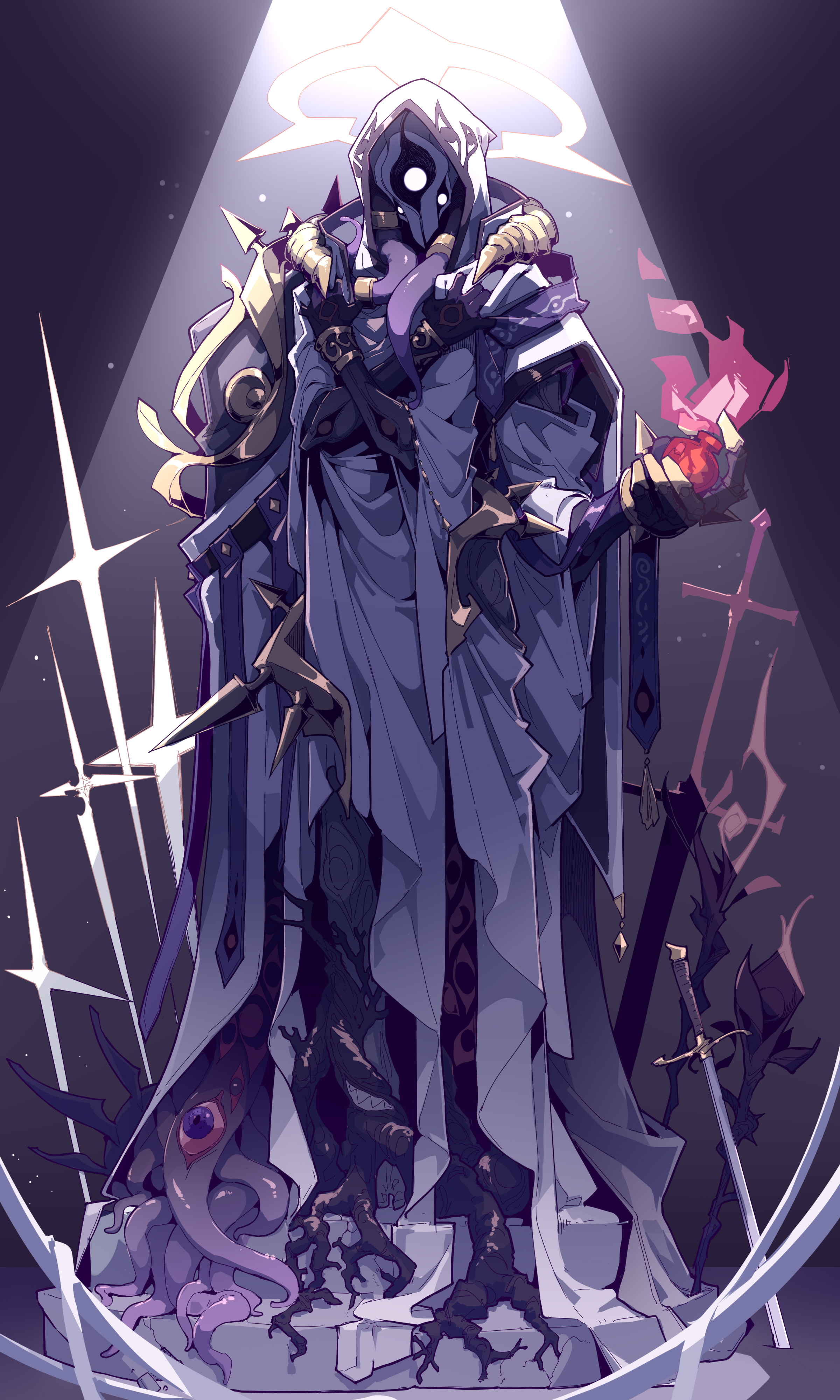 a tall figure is standing on a raised platform. the figure is wearing a hooded cloak and some armor over their shoulders. they have a halo above their head. the figures mask has holes for eyes, and a purple tentacle coming from one of the eyeholes. in their left hand, the figure has a staff with sharp spikes attached to it, and in their right hand they have a glowing red object. the base they are standing on has white bars surrounding it. on the left side of the figure at the base of the platform is a tentacled creature with one eye. behind the figure are crosses and a sword. a light is shining down upon the figure from above.