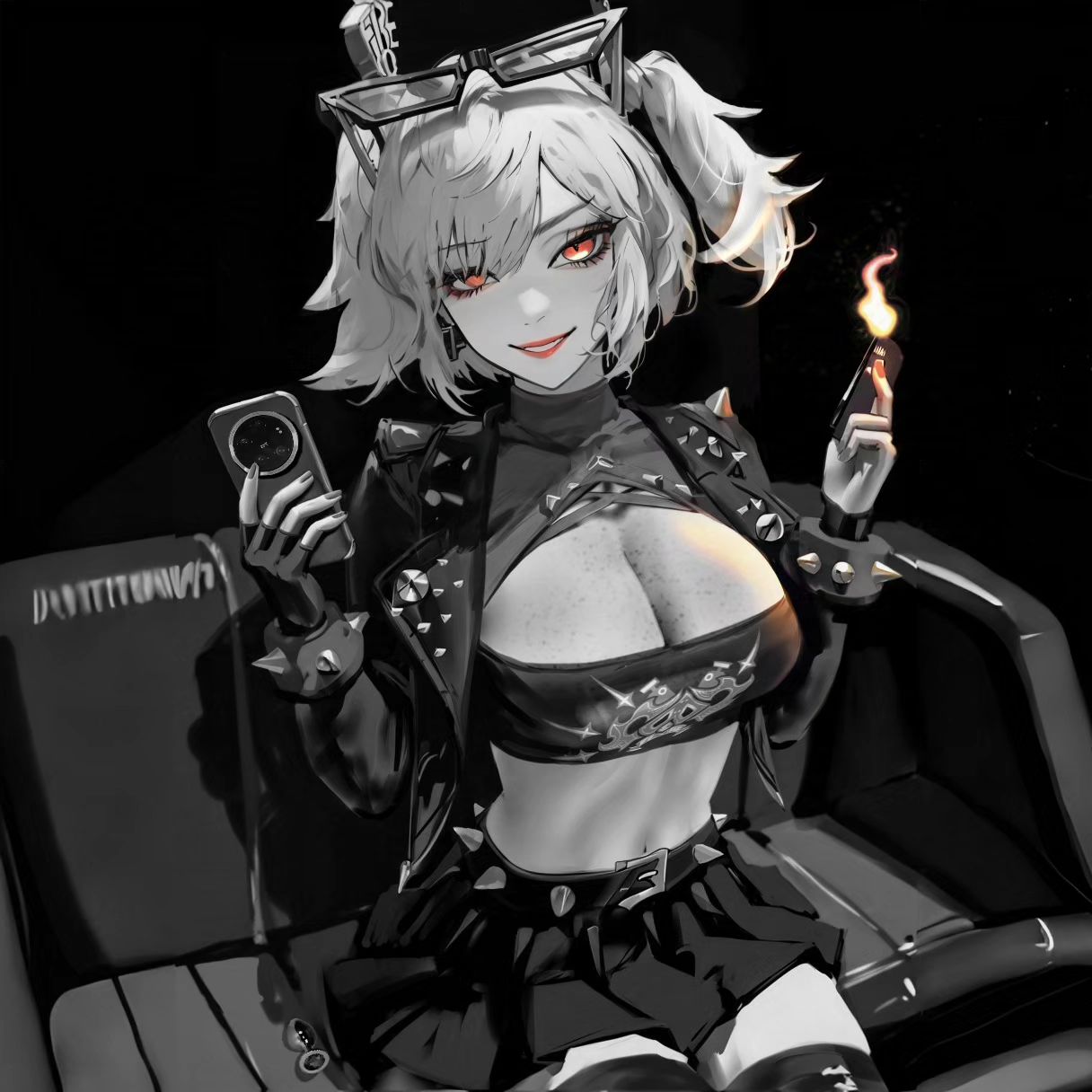 a black and white image of an anime girl sitting in a chair.  she is wearing punkstyle clothing, including a leather jacket, short skirt, and chains. she has a cellphone in one hand and a lit match in the other. the image is dark, with shadows that add to the dramatic effect.
