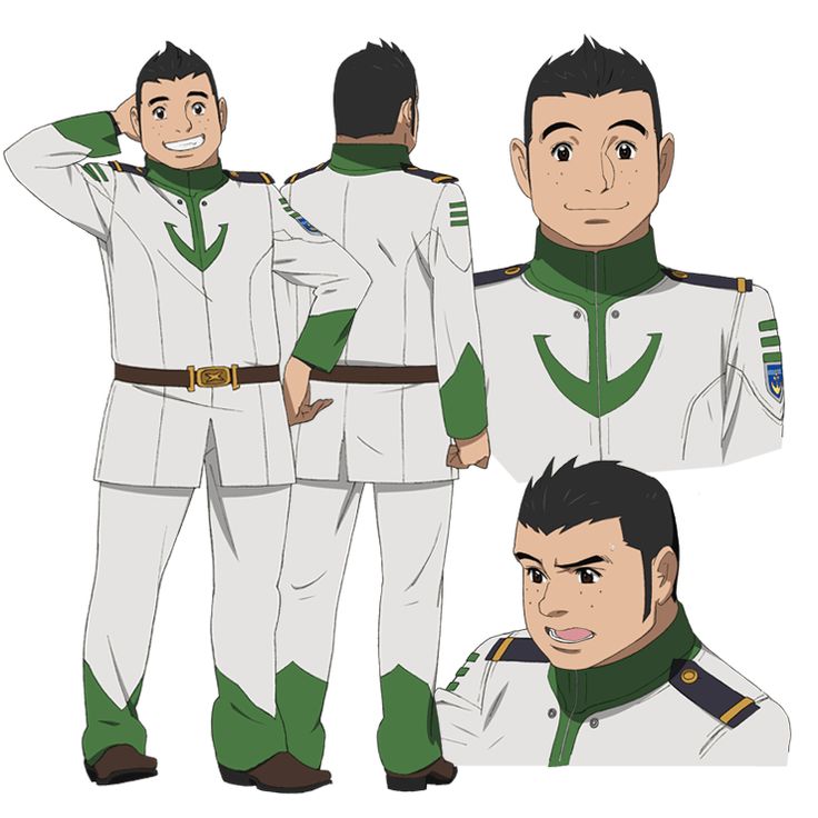 a digital illustration of an anime character, a male soldier, in a military uniform. the design is white with green accents and a green insignia on the chest. there are three different views of the character: a full body shot from the front, a full body shot from the back, and a closeup shot of the head. the artwork is drawn in a cartoonish style.
