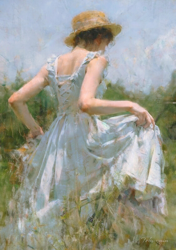 the painting depicts a woman from behind, wearing a light blue dress and a straw hat. she is standing in a field of grass, with her back to the viewer. the style of the painting is impressionistic and romantic, with soft brushstrokes and pastel colors. the overall feeling of the artwork is serene and peaceful.