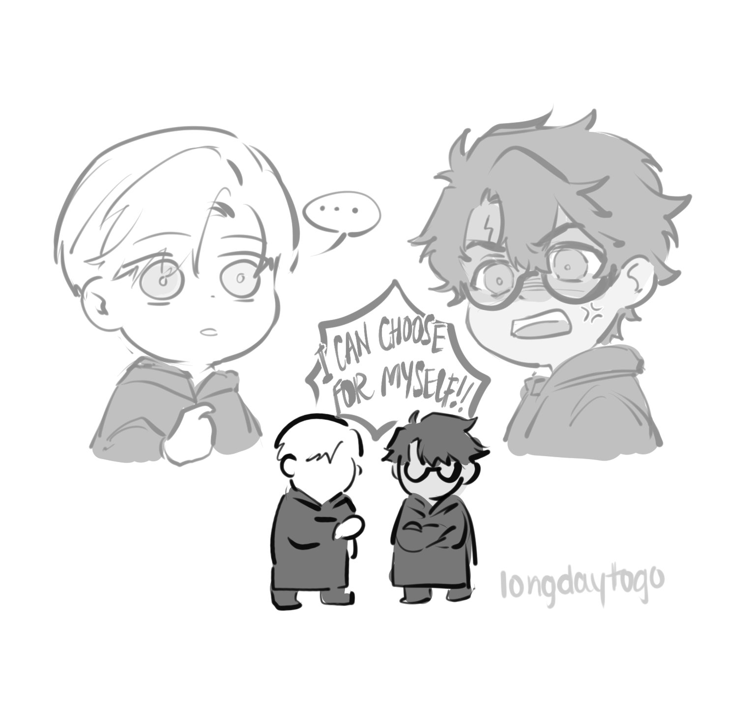 he image is a grayscale digital drawing in anime/manga style featuring four chibistyle characters.  the largest characters are two boys with slightly different hair styles, one looking calm and the other angry. the angry boy has a speech bubble saying, "i can choose for myself!!" two smaller boys stand beneath them, seemingly representing a choice between them. the style is loose and expressive, emphasizing the characters' emotions. the artist's signature, "longdaytogo," appears in the bottom right corner.