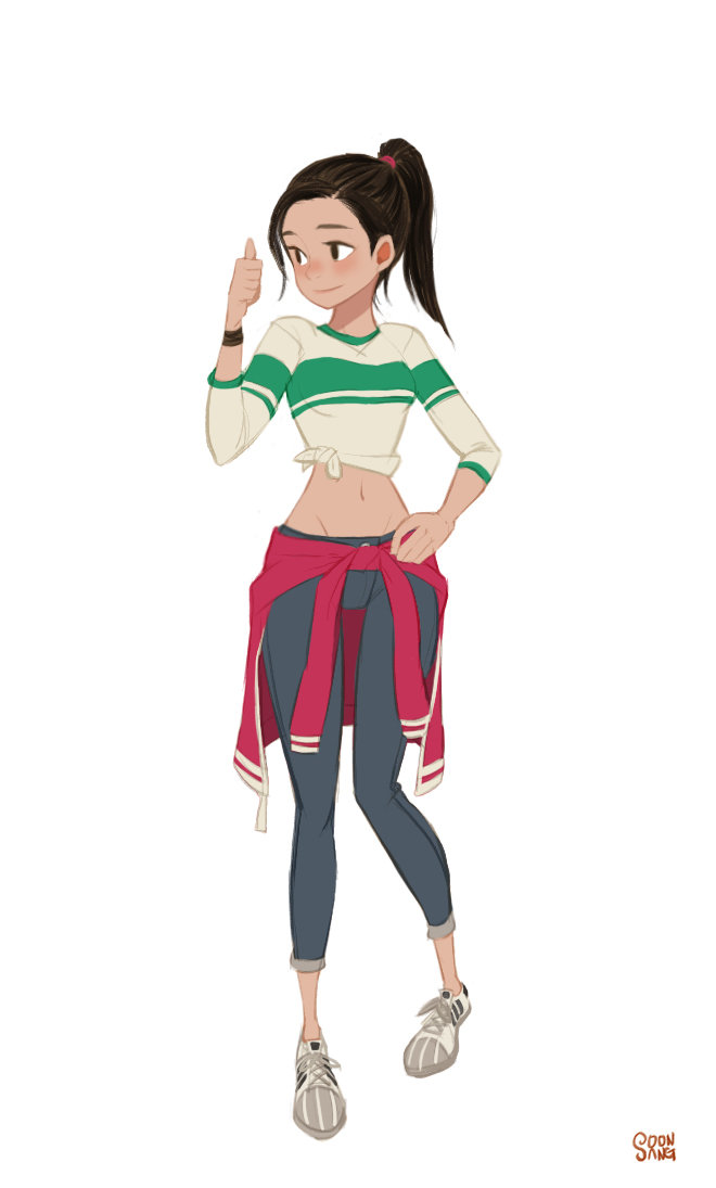 a fullbody illustration of a young woman with a cheerful expression. she is dressed in casual attire, including a green and white striped cropped top, dark blue leggings, and a red jacket tied around her waist. she is giving a thumbsup gesture, conveying a positive and friendly attitude. the style of the illustration is cartoonish and digitally rendered, with soft lighting and a clean white background.