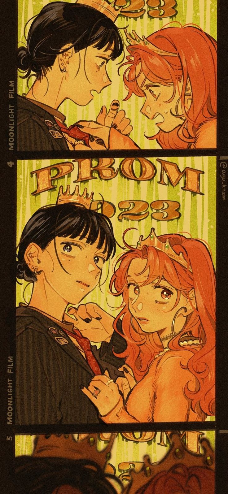 the image is a stylized illustration, possibly fanart, depicting two girls at a prom.  the art style leans towards manga or anime, with a vintage or retro feel. the image is presented as a stylized filmstrip or polaroid, divided into sections.  each section shows a variation of the same two girls, elegantly dressed and crowned. one girl wears a suit, and the other a dress. they are shown interacting in a tender and intimate way, suggesting a romantic or close friendship. the overall color palette uses warm tones of yellow, orange, pink, and gold, contributing to the vintage and romantic atmosphere. the "prom 23" text on a yellow background further emphasizes the prom theme.