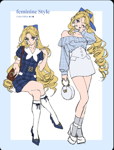 a digital fashion illustration of a young woman showcasing two different outfit variations with a predominantly blue and white color theme. both outfits feature elements of bows, gingham patterns, and a touch of gold accents. the left side portrays her seated in a blue gingham dress with a white collar and a matching purse, while the right side presents her standing in a blue gingham offshoulder top paired with a white skirt and a white purse. both outfits are styled with white socks and shoes.