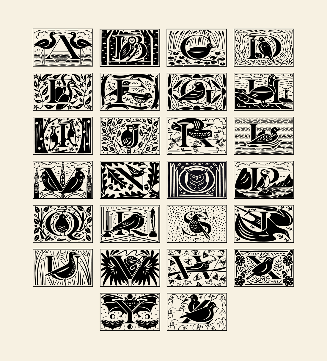 the image showcases a complete avian alphabet. each letter of the alphabet is depicted as a unique black and white illustration, incorporating various species of birds and integrated within decorative frames.  the style is reminiscent of vintage woodblock prints or letterpress, with a strong focus on detail and intricate designs.  each letter's design includes background elements like foliage, landscapes, and other relevant imagery. the overall effect is sophisticated and aesthetically pleasing, suitable for applications needing a vintage or naturethemed aesthetic.