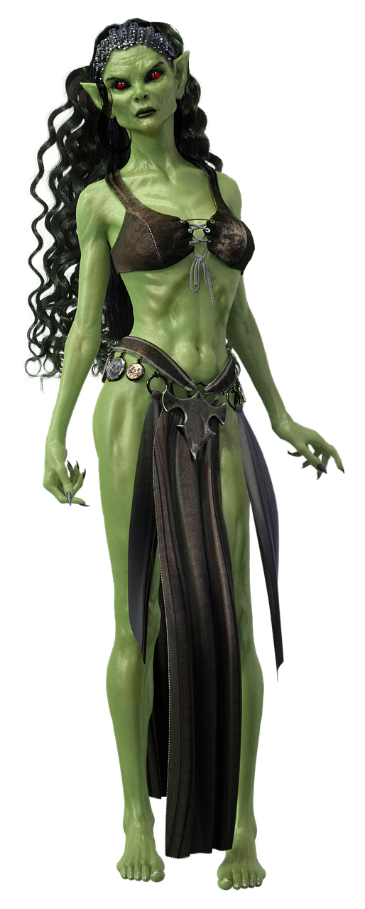 a full body digital art depiction of a greenskinned, female orc with long black hair and red eyes, wearing a leather bra and a leather belt with a skirt. she is standing against a black background.