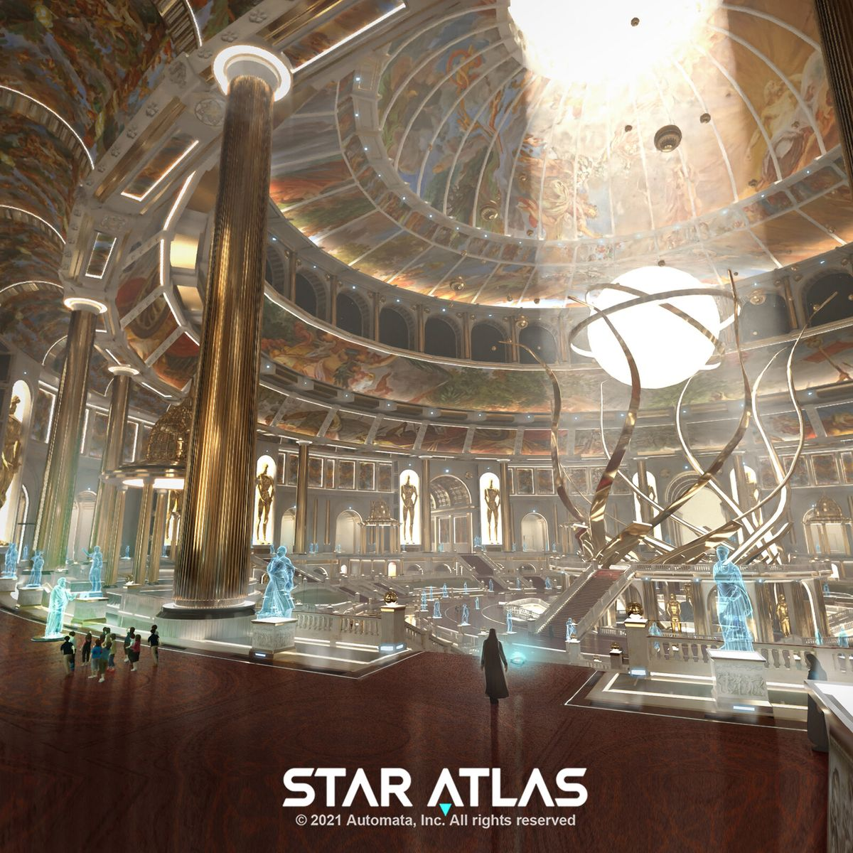 the image shows the interior of a grand hall with a domed ceiling. there are statues lining the walls and a large, spherical light fixture in the center of the room. the architecture is a blend of classical and futuristic styles. a small group of people is standing in the foreground, and a single person is standing in the middle ground, facing the back of the building. the lighting is bright and appears to be a combination of natural and artificial light.  the overall impression is one of grandeur and opulence.
