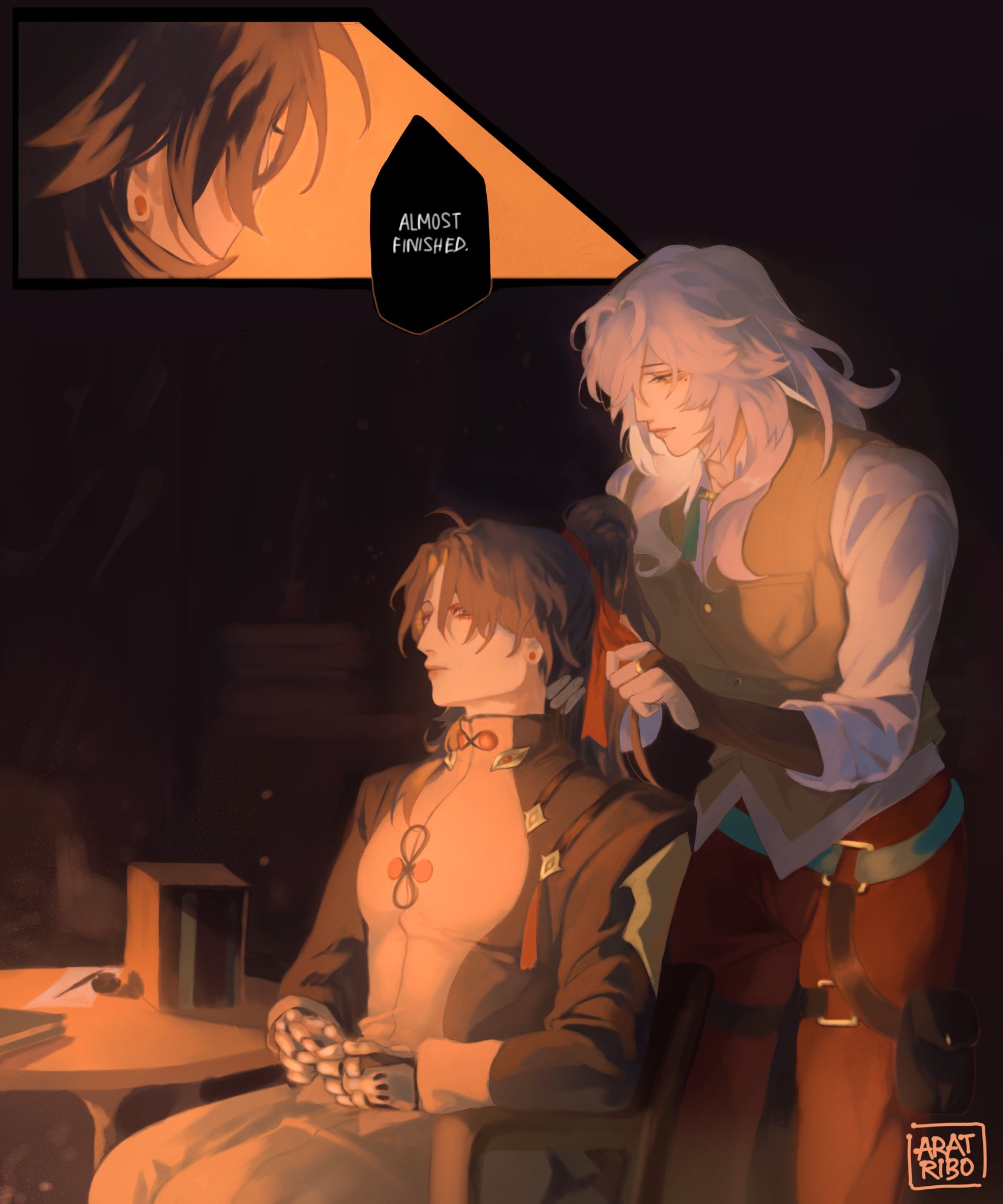 this is a digital art piece featuring two anime men. the one in the background is wearing a white buttondown shirt with the sleeves rolled up and beige pants. he has long white hair that falls down his back and is holding a red ribbon while looking to his right. he has a gentle expression on his face. the other anime male has dark brown long hair with a red ribbon tied around it. he is wearing a brown jacket over a white shirt with a red design and beige pants. he is sitting with his hands in his lap while looking to his left. he has an air of quiet contemplation on his face.  the two men seem to be close and the background is dark with a single light source illuminating the two of them.  the background also has a word bubble that says "almost finished" suggesting a project or task is near completion.