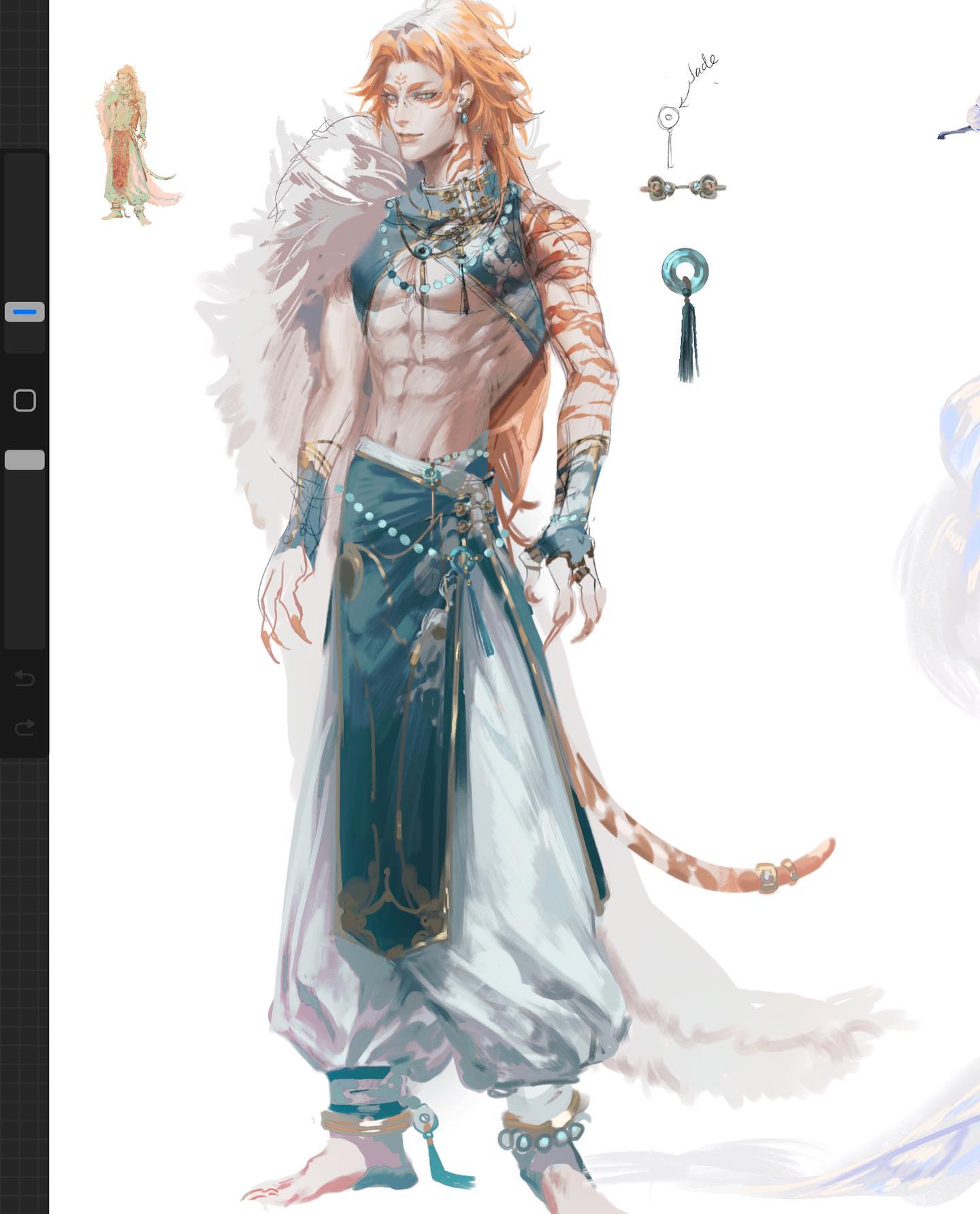 the image is a digital art piece of a male anime character with a tiger tail, wearing a white and blue outfit. the character has a confident expression and is standing with their hands on their hips. the image is set against a white background with some light blue and white highlights and details. the character is wearing a white and blue outfit with gold accents. the outfit includes white pants, a blue and white shirt, and a white fur collar. the character is also wearing a gold necklace with a blue gem pendant, gold bracelets, and gold anklets. the character has orange hair, blue eyes, and a tiger tail. the image is fullbody and shows the character from the head to the toes. the art style is anime and the image is wellexecuted. the overall vibe of the image is magical and fantastical.