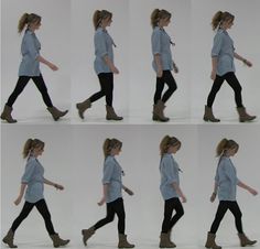 the image depicts a woman walking from left to right in a sequence of ten frames against a plain white background. she wears a light blue shirt, black pants, and brown boots. the images seem to be captured in a studio environment with bright, artificial lighting. the perspective is from the side, providing a clear view of her walking gait.