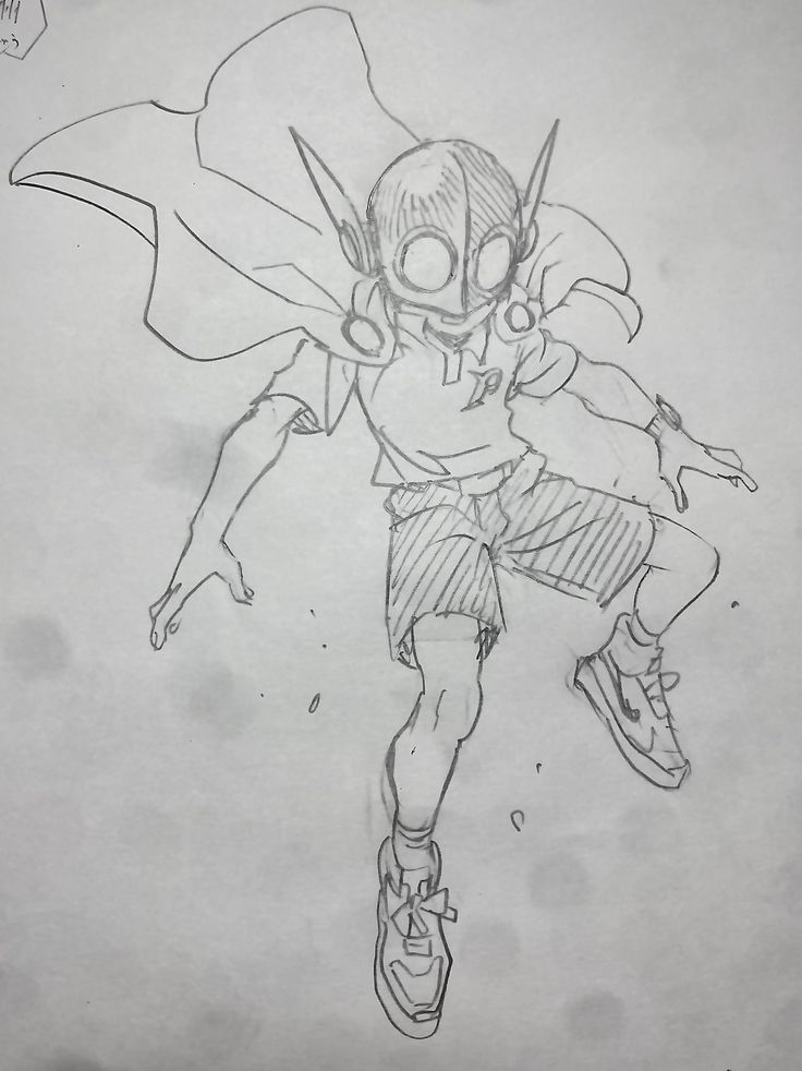 a pencil sketch of a young boy superhero flying in the air. he is wearing a cape and a helmet with a unique design. the sketch is done in a loose and expressive style, with a dynamic pose and a sense of movement. the boy appears to be in midflight, with his cape billowing behind him and his legs extended. there are some small, random marks and smudges on the paper, suggesting the sketch is a rough draft or a practice piece. the sketch captures the energy and imagination of a young superhero character.