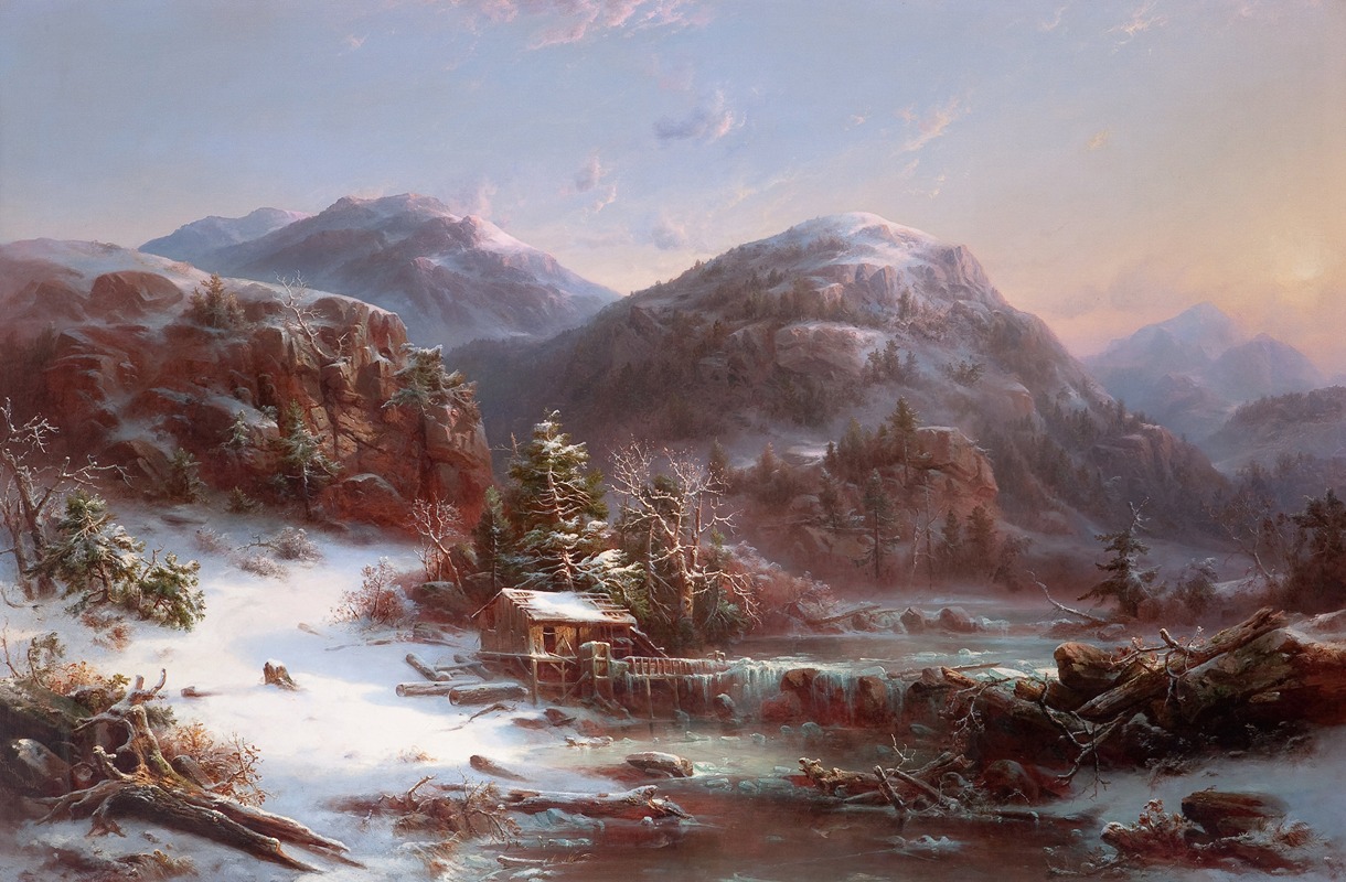 a landscape painting depicts a winter scene in the mountains. snow covers the ground and peaks. a small cabin sits nestled near a river with a small waterfall. trees dot the landscape, some covered in snow. rocks are visible along the riverbanks. the sky is painted with colors suggesting dawn or dusk, with clouds tinged with pink and orange.