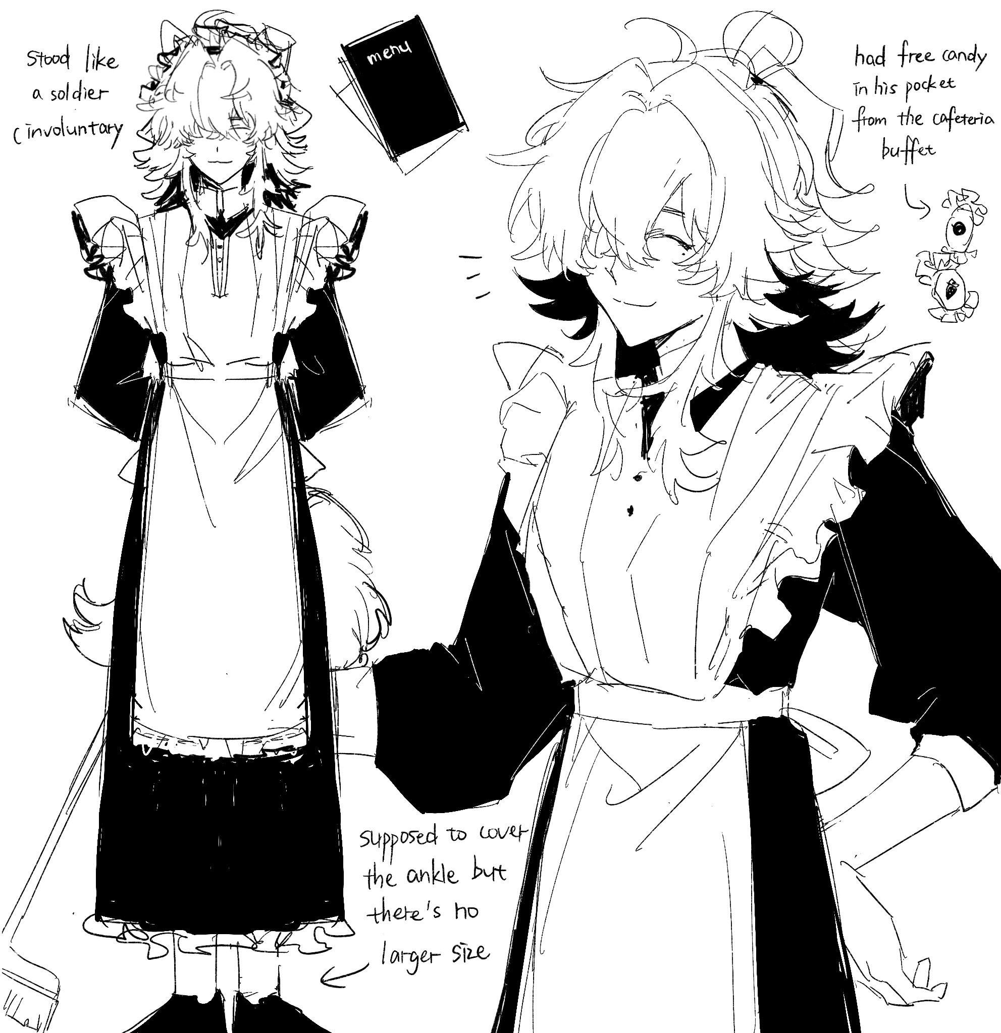this is a black and white sketch of a maid. the maid has long, flowing hair and is wearing a white maid outfit with a black apron. the maid is looking down at the ground with a cute smile on their face. they have a big, fluffy tail and a small broom by their side. in the background, there is a small menu sign, some candy, and writing that reads "stood like a soldier (involuntary)" and "supposed to cover the ankle but there's no larger size" and "had free candy in his pocket from the cafeteria buffet." the art style is anime/manga inspired and the sketch is very detailed.