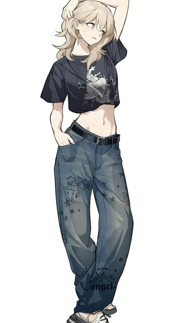 the image showcases an animestyle illustration of a young woman with blonde hair. she is dressed in casual attire, which includes a darkcolored crop top featuring a graphic design, baggy jeans adorned with tattoos, and sneakers. her hair is styled loosely, and she has a relaxed posture. the overall style is modern and fashionable, emphasizing a blend of casual and edgy elements in the clothing. the image is digitally rendered and exhibits a soft, semirealistic artistic style.