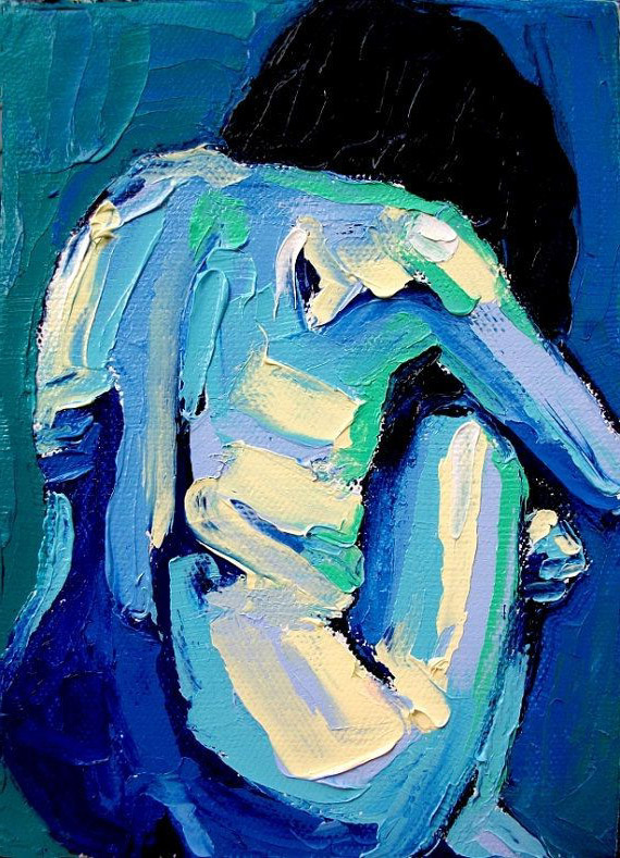 a vibrant, abstract oil painting of a woman. the woman is depicted in a blue, turquoise, and white color palette, with the brushstrokes creating a sense of movement and energy. the painting is expressive and colorful, showcasing the artist's unique style.