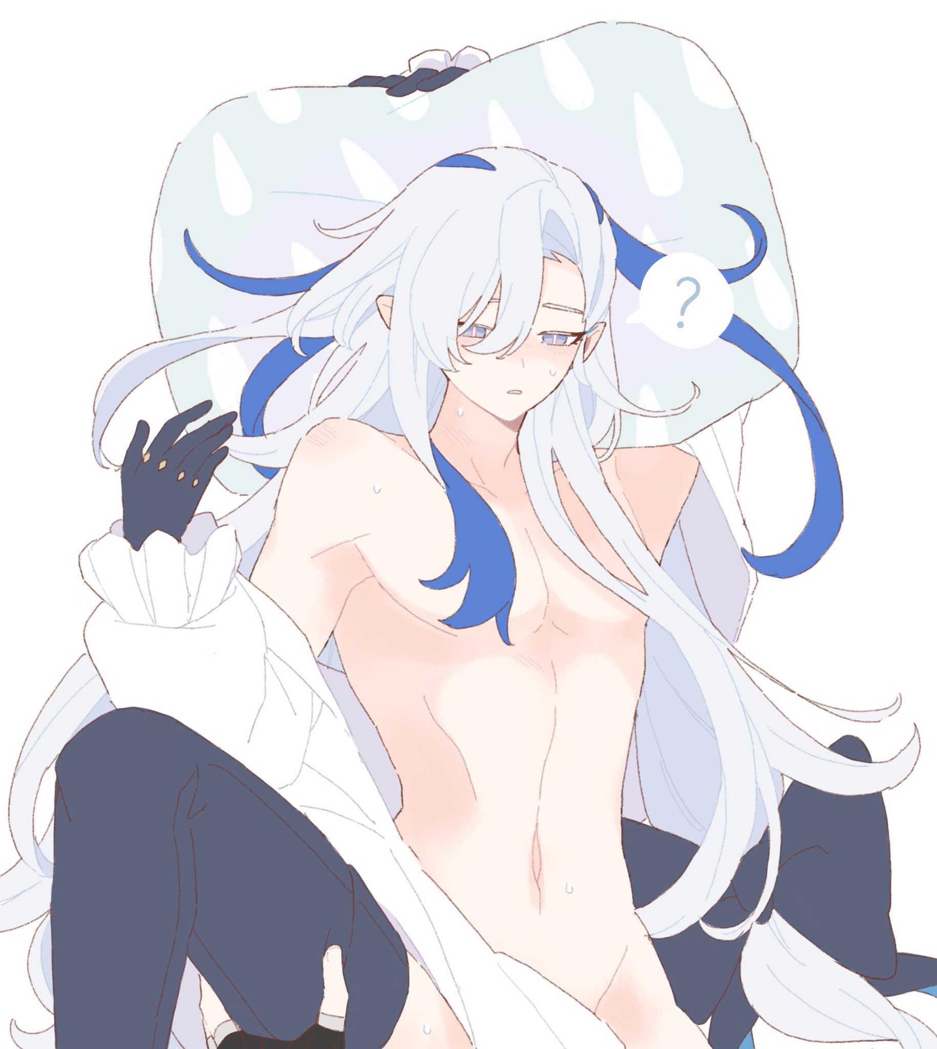 the image is a digital drawing of an animestyle male character. he has long, flowing white hair with streaks of blue, and is partially clothed, wearing a white shirt that's slightly undone, revealing his bare chest and abdomen. he's wearing dark gloves and what seems to be dark pants or leggings. he's sitting and seems relaxed, perhaps slightly pensive, with a question mark thought bubble above him. the overall style is soft and delicate with pastel colors and a gentle, ethereal atmosphere. the character design is aesthetically pleasing and leans towards fantasy or magical themes.