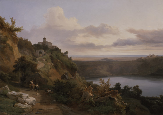 a landscape painting depicts a view of a lake surrounded by hills. in the foreground, a path winds down a hillside with figures and riders. in the midground, a lake fills the space, and beyond it, more hills and possibly the sea can be seen. a castle or large building sits atop one of the hills. the sky is filled with soft, muted clouds. the painting has a romantic, slightly melancholic feel.