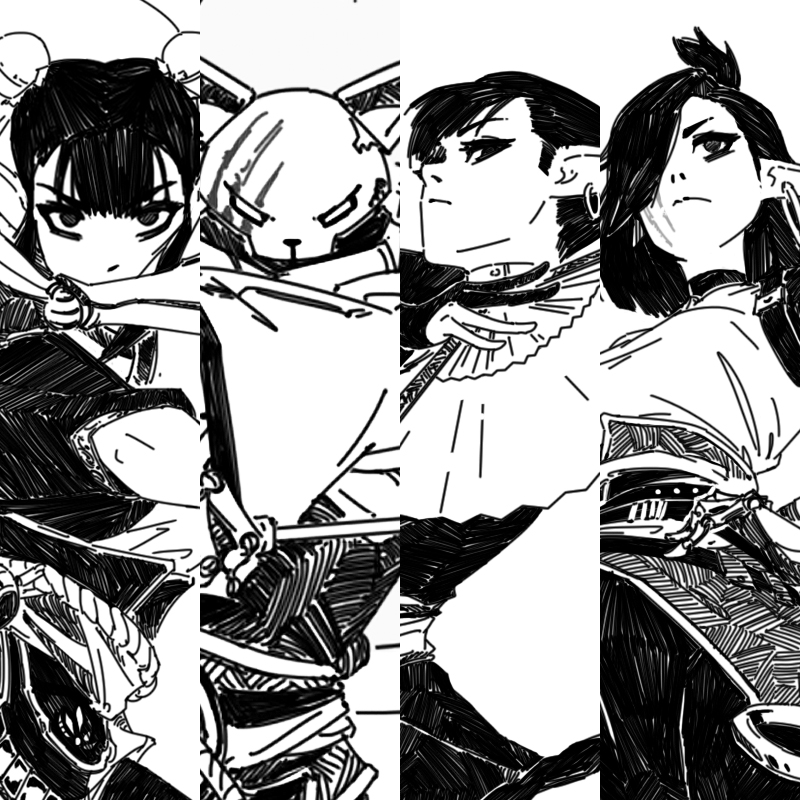 the image is a collage of four distinct monochrome panels, each featuring a unique character rendered in a detailed, stylized manga/anime aesthetic. the art style is heavily inked, emphasizing strong lines and textures. the characters seem to be female warriors or protagonists, with one panel showing a possible mecha or robot element in the background. the overall mood is dark and dramatic, showcasing dynamic poses and expressions from each individual.  the style suggests a graphic novel or comic book setting.