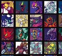 a vibrant collage showcasing a diverse array of monster and robot characters engaged in battle. each square presents a unique character design with bold lines and dynamic poses. the use of bright colors and contrasting shadows creates a sense of energy and movement.