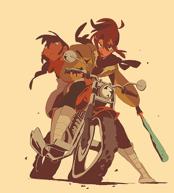the image depicts two girls riding a motorcycle, one in the front with a baseball bat in her hand, the other sitting behind her. they are dressed in casual clothing and have determined expressions on their faces. the background is a simple, solid color, which makes the characters and the motorcycle stand out. the image is drawn in a cartoon style, with bright colors and bold lines. it is a dynamic and energetic image, conveying a sense of adventure and freedom.