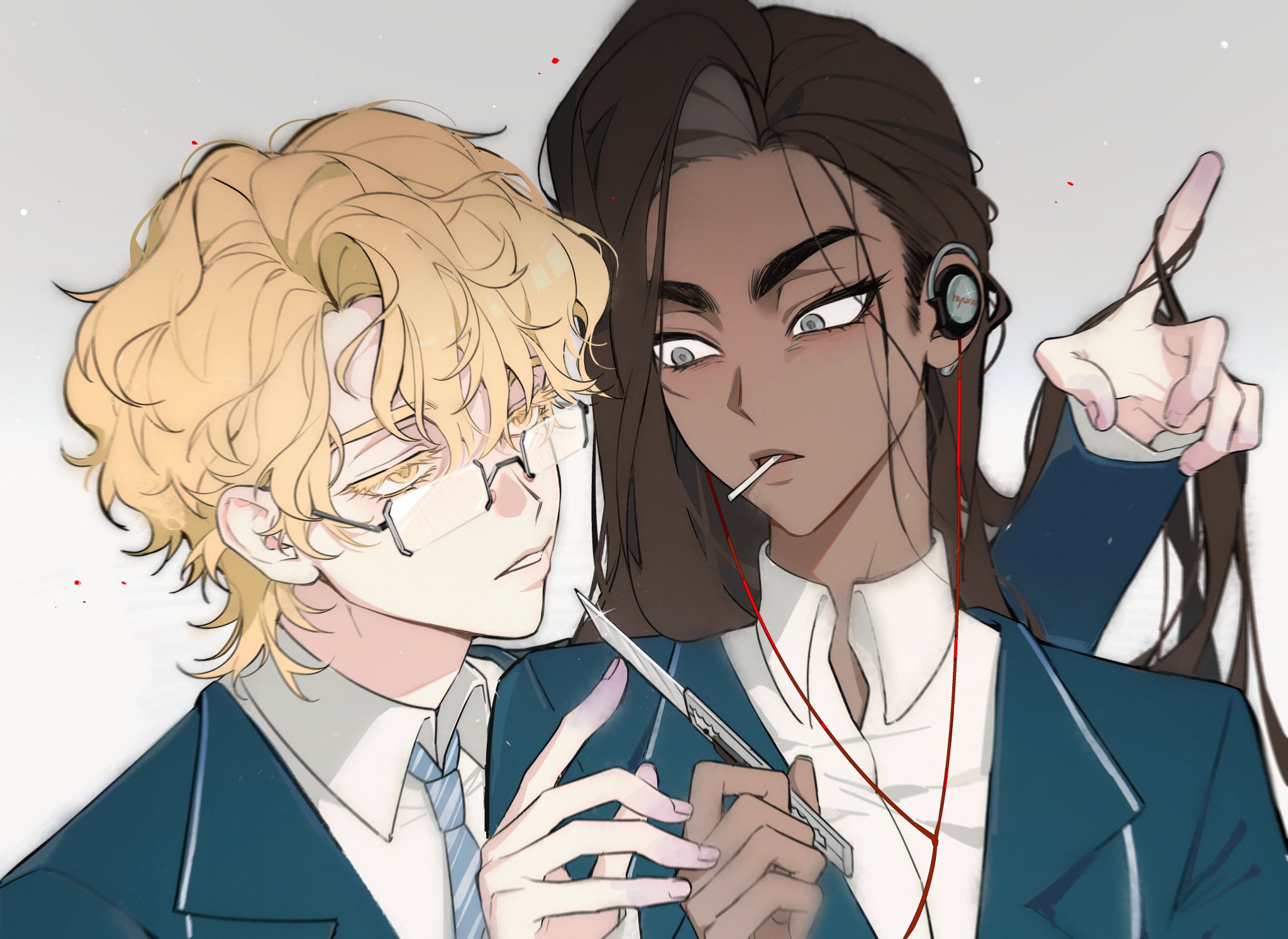 this is a digital illustration of two anime characters, a male and a female, in a closeup portrait. the male has blonde hair and wears glasses and a suit with a tie. the female has long dark hair and wears headphones, a white shirt, and a suit. she is holding a knife in her right hand and pointing with her left. the background is white and there are some red dots scattered around. the image is drawn in a manga style.