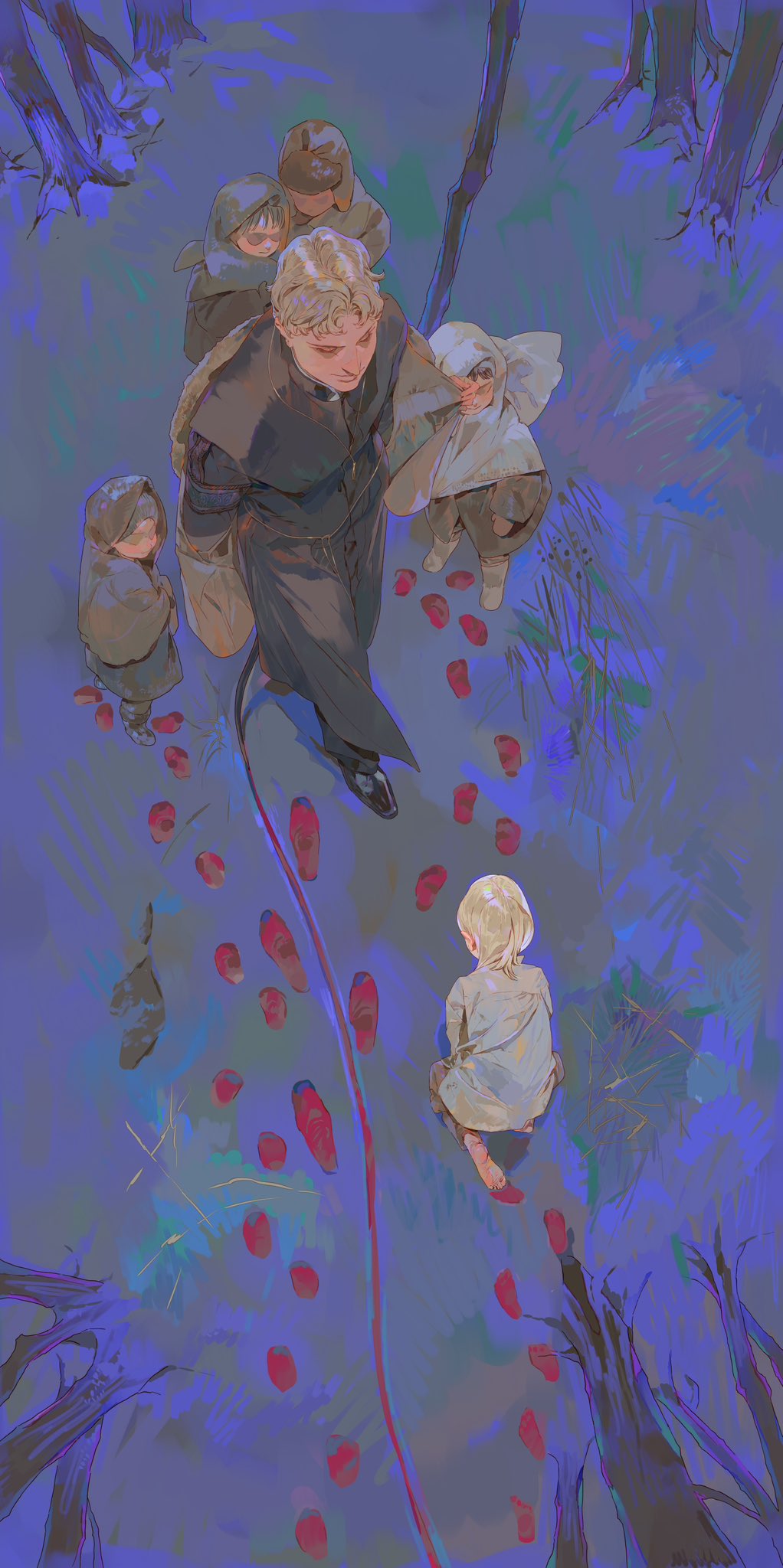 a digital artwork illustration depicting a group of people, including adults and children, walking through a dark and ominous forest. the scene is dominated by blue tones, enhancing the somber atmosphere. the group appears to be following a trail of blood footprints. the illustration style suggests a storytelling or fantasy theme. the figures have pale skin and some have blonde hair. trees and leaves are sparsely scattered around the characters.
