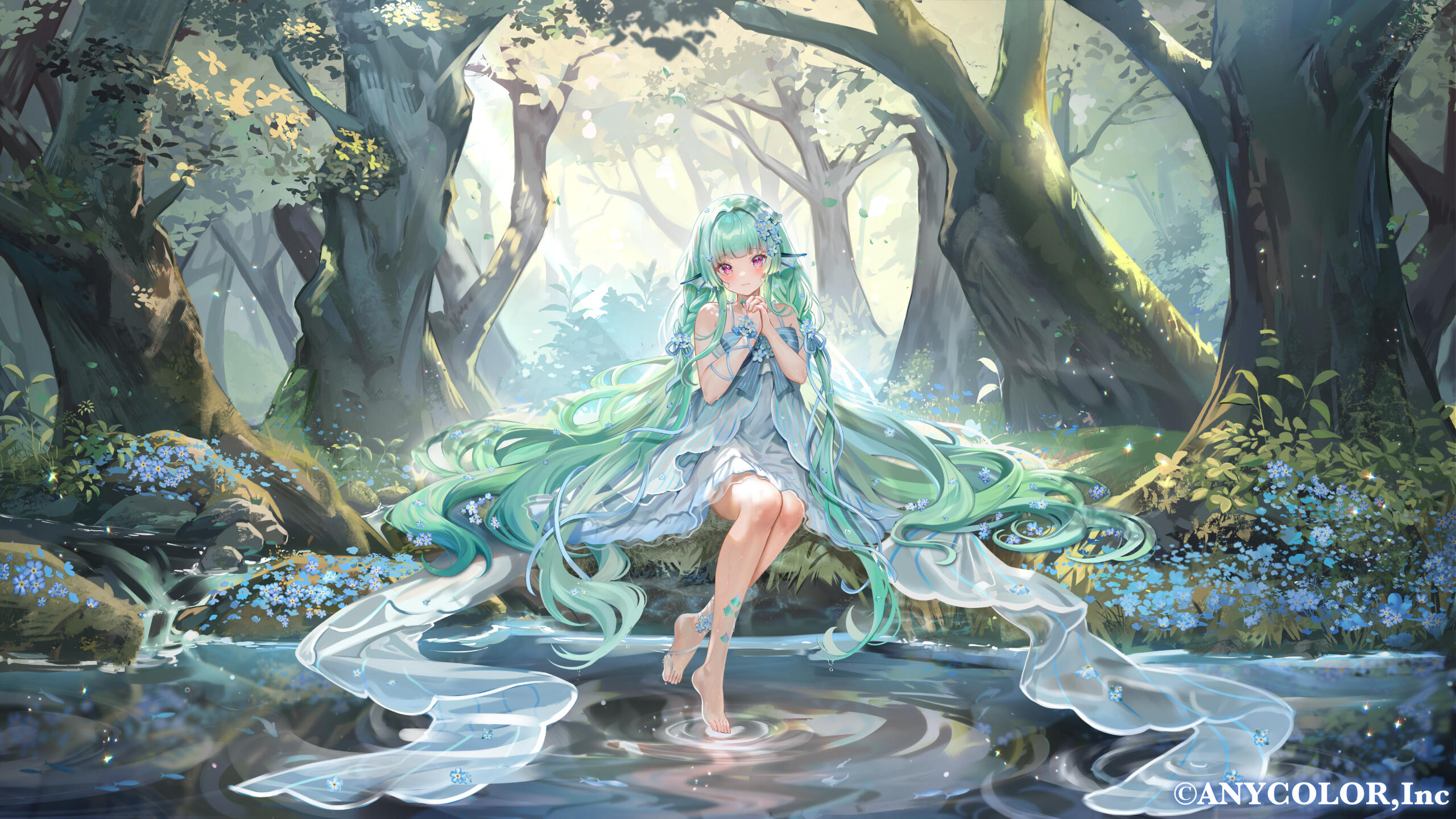 the image depicts a beautiful anime girl with long, flowing seagreen hair. she's wearing a light blue, elegant dress and is seated barefoot by a stream in a lush, enchanted forest.  forgetmenots are scattered around her and in her hair. the overall atmosphere is serene and magical, with soft lighting and a dreamy quality to the artwork. the artist's watermark, "anycolor, inc.", is visible in the bottom right corner.