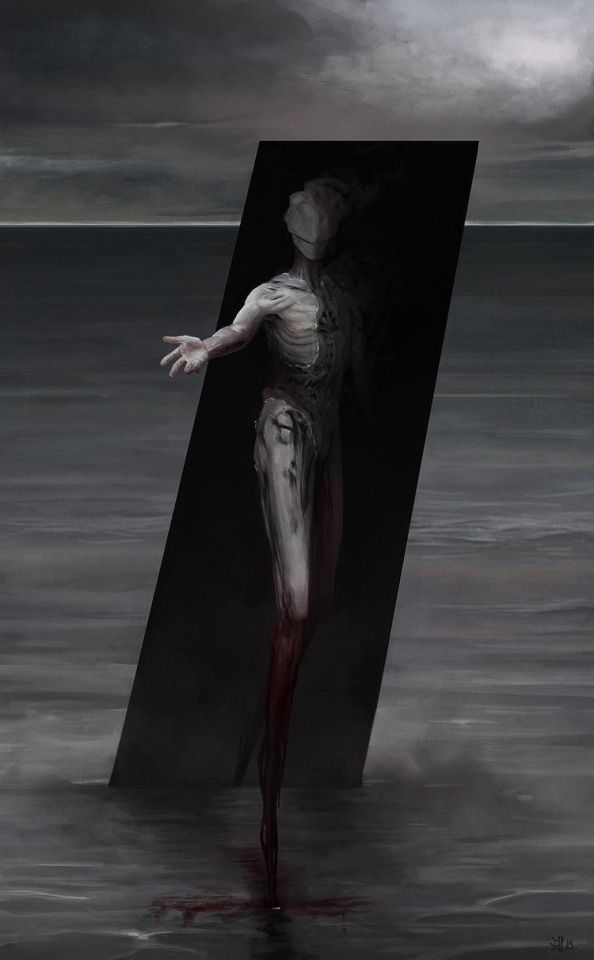 a surreal painting depicts a figure standing inside a black rectangle, the figure is white and has a humanoid form, but its features are indiscernible, it appears to be bleeding red from the lower legs. the rectangle stands on the water with only the lower portion visible. the entire image is dark and mysterious, with a sense of unease.