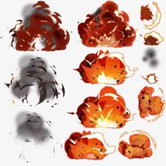 this image is a set of animated explosion effects, perfect for adding some dramatic flair to your graphic design or animation project. the effects range from small sparks to large, fiery blasts, and they're all drawn in a fun, cartoonish style.  they're perfect for adding some visual interest to your work or creating a dynamic sense of action.