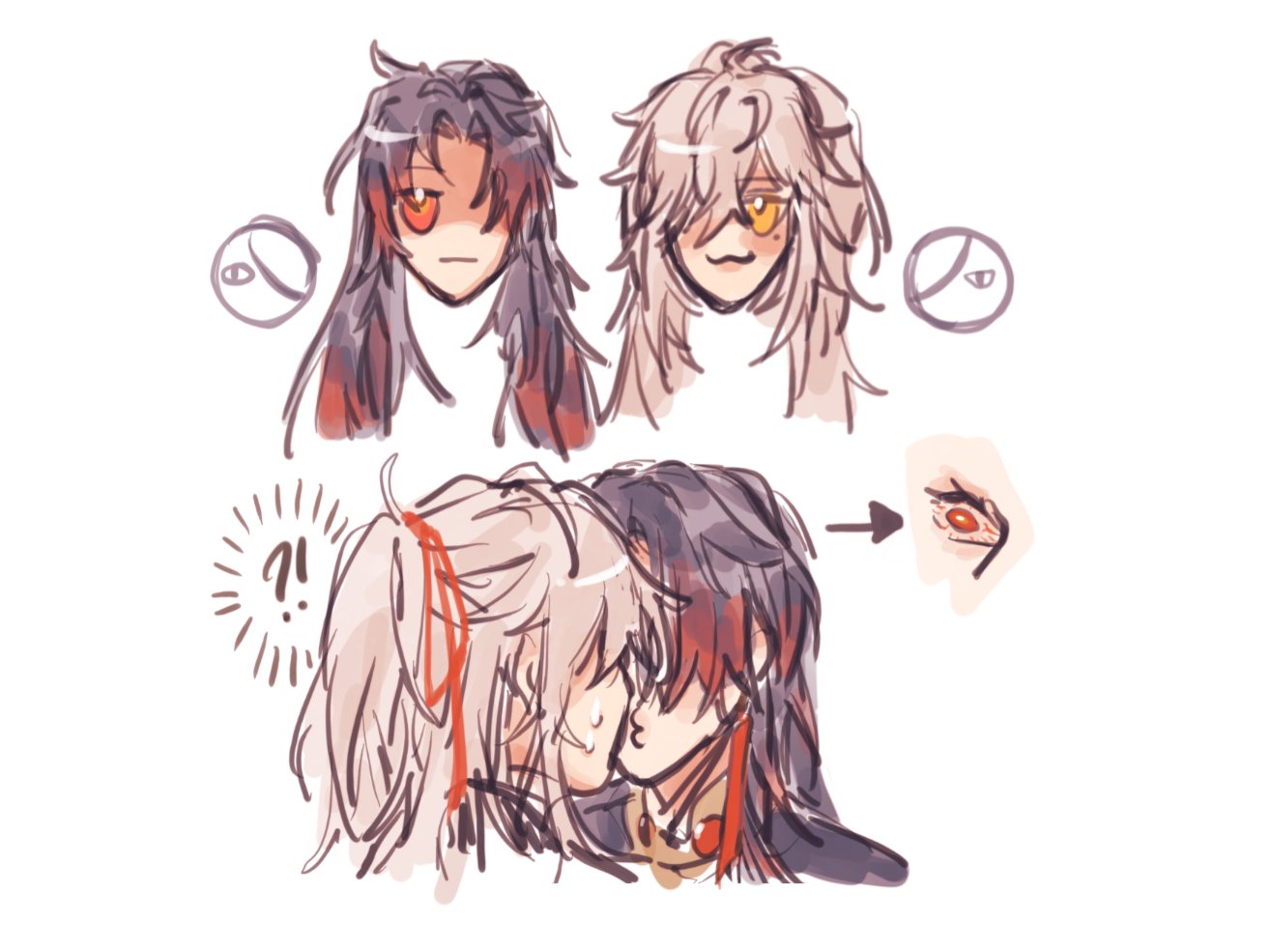 this is a drawing of two anime characters, one with white hair and one with black hair. the whitehaired character is surprised, while the blackhaired character is smiling and looking at the other. there is a red ribbon on the whitehaired character's hair. they are about to kiss. there are circles with eyes in them as well as an arrow pointing to a closeup of the blackhaired character's eye with a red pupil.  there is also a small speech bubble with an exclamation mark in it, which is near the whitehaired character's head. the drawing is done in a simple style with light lines and colors.