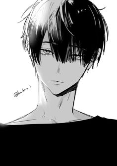 a black and white, closeup illustration of a young man with short, black hair styled with a white streak in the front. he has sharp, defined features and an intense gaze. he's wearing a simple, darkcolored shirt. the style is reminiscent of anime and manga.