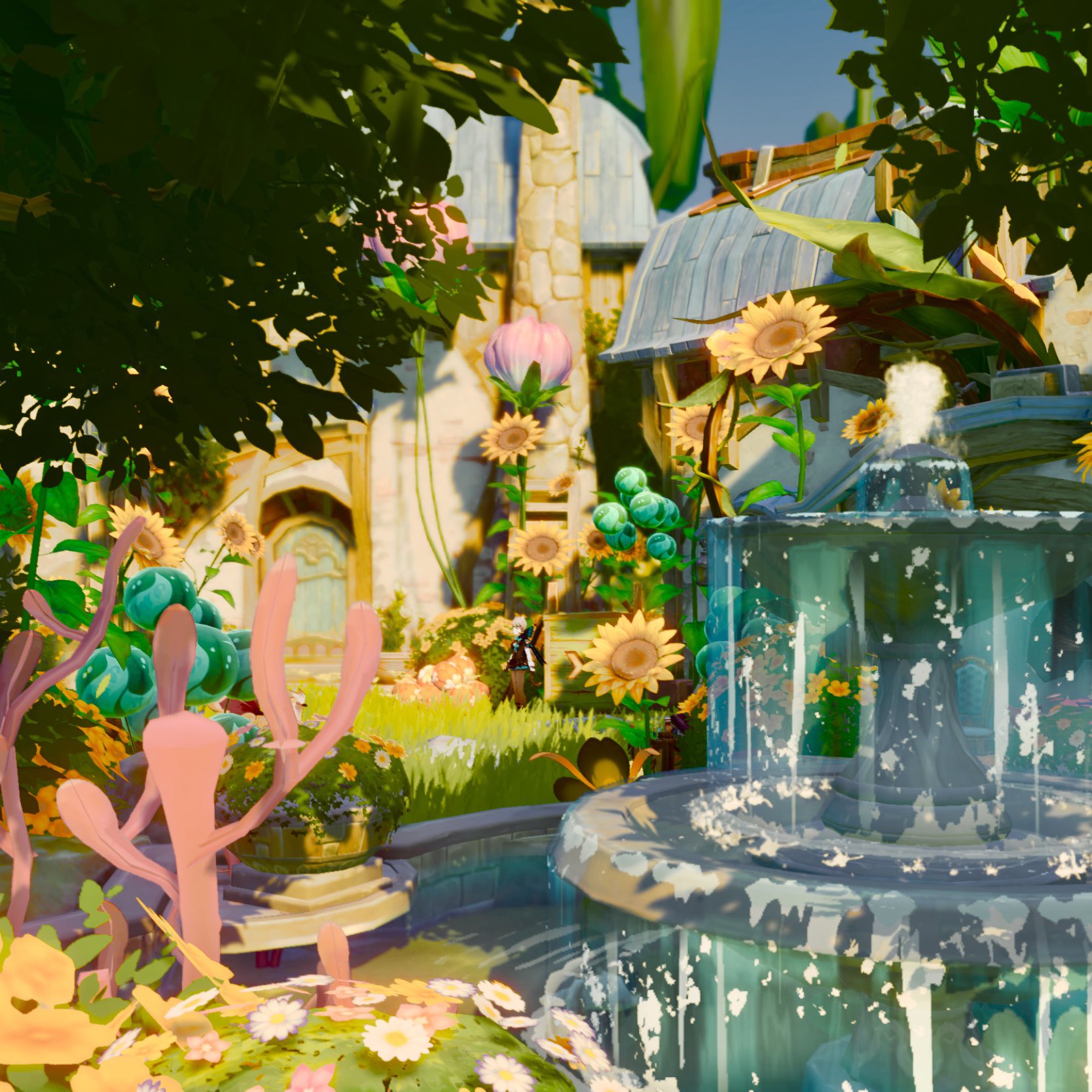 the image depicts a vibrant, fantasystyle garden scene, possibly from a video game.  the style is highly stylized and cartoonish, with bright, saturated colors. a central feature is a whimsical fountain with water flowing, surrounded by various colorful flowers, including sunflowers.  lush, stylized plants, including some resembling coral, add to the fantastical atmosphere.  in the background are quaint, storybooklike buildings with pastel colors.  the overall impression is one of peace, magic, and idyllic beauty. the lighting suggests a sunny day. a small, possibly playercontrolled, character is visible in the midground, near the buildings.