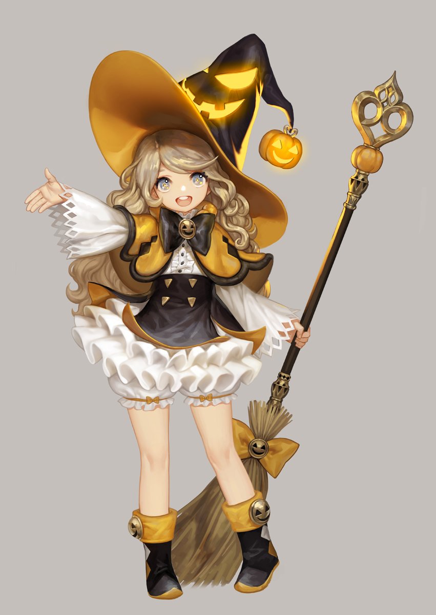 the image showcases a charming, animestyle illustration of a young girl dressed in a vibrant halloween witch costume. she is the central focus, positioned against a plain grey backdrop. her outfit features a striking yellow and black color scheme, with a large, floppy hat adorned with a glowing jacko'lantern. she holds a whimsical staff topped with a golden ornament and another miniature pumpkin. her cheerful expression and welcoming gesture contribute to the overall adorable and festive aura of the illustration.