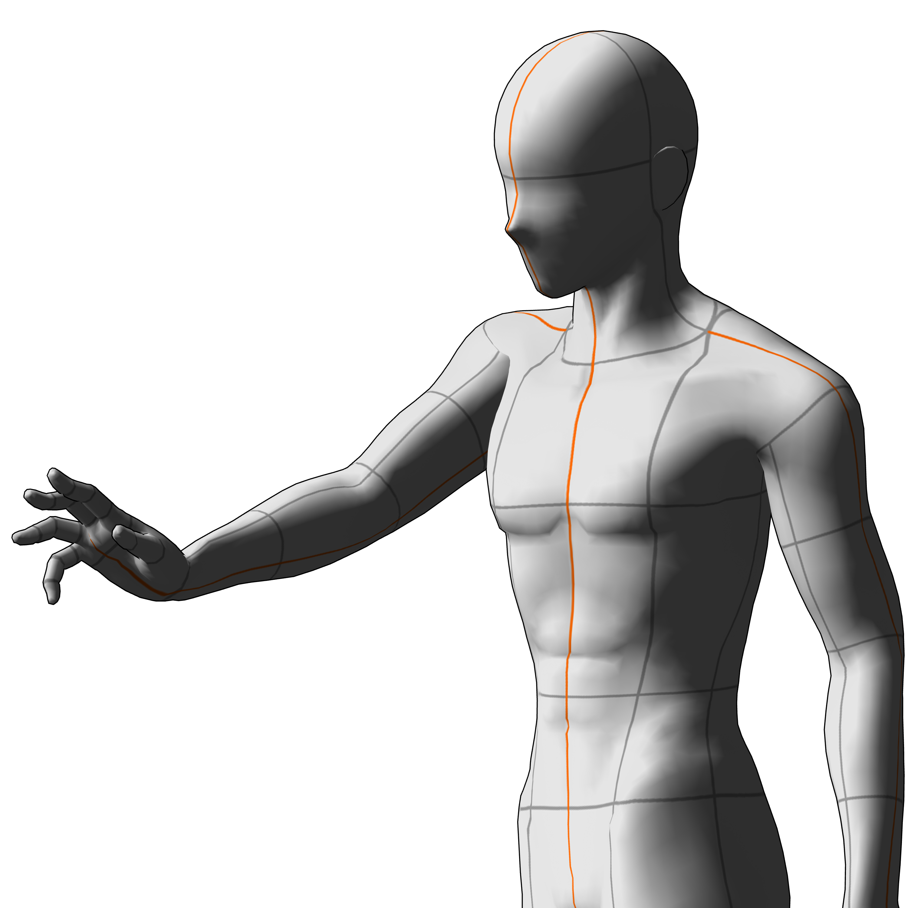 a stylized 3d model of a male human form, depicted with a gridded surface to illustrate anatomical structure. the figure is in a standing pose with one arm extended, hand open, suggesting a gesture of reaching or presenting. the model is shaded in grayscale with orange lines highlighting major body divisions, set against a plain white background.