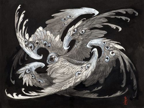 the image depicts a surreal and mythical creature resembling an angel. it has multiple wings adorned with numerous eyes. the wings and feathers are intricately detailed, and the overall aesthetic is dark and monochrome, creating a sense of mystery and otherworldliness.