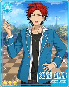 the image is a digital illustration of a young man, likely a character from an anime, manga, or game. he has spiky red hair and green eyes, and is wearing a blue blazerstyle school uniform with gold buttons. underneath, he wears a black shirt and a gold chain. he has an annoyed expression on his face with his mouth open as if he's speaking. he's posed with his left hand raised and his right hand on his hip. he is standing in a school hallway with a checkered floor. the background is out of focus, drawing attention to the character. his name, "kiryu kuro," is written in japanese at the bottom of the image, along with his name in romanized japanese. there is also a star rating.  the overall style of the image is bright and colorful, typical of anime and manga illustrations.