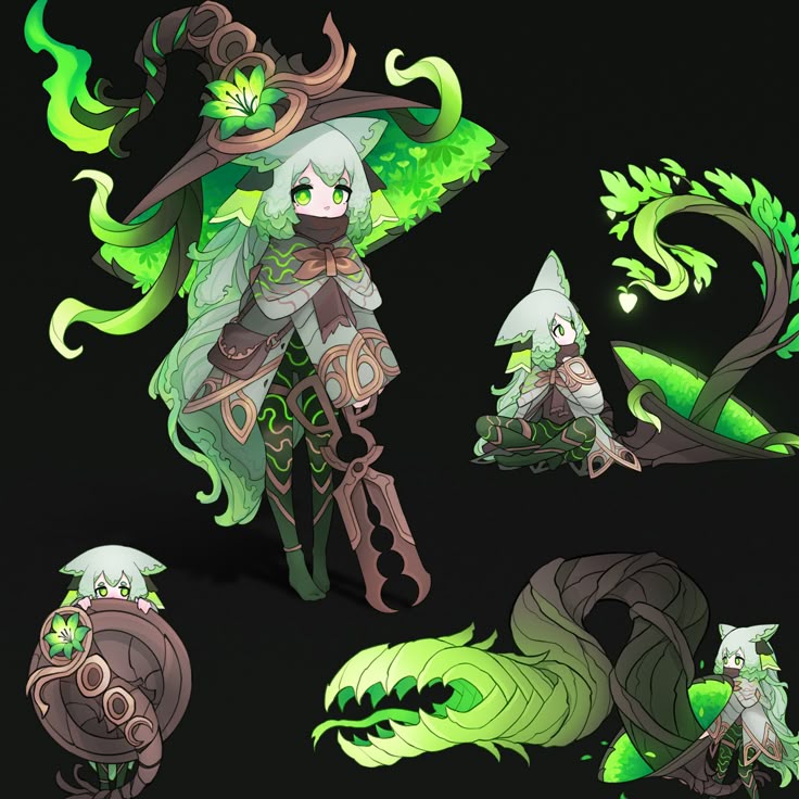 the image is a collection of animestyle illustrations of a character who appears to be a forest spirit or witch. the character has different poses and is accompanied by design elements like trees, leaves, and wooden objects. the color palette consists of earthy tones such as green and brown, with accents of glowing green. the style is reminiscent of character design sheets, showcasing different aspects of the character and their associated imagery. the characters also have catlike ears.