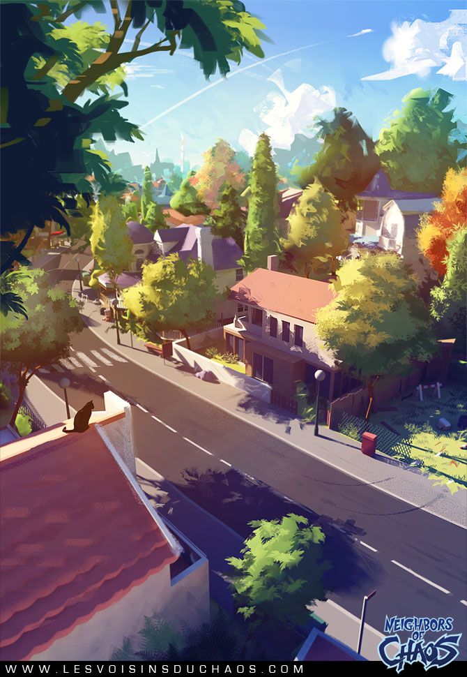 an illustration depicting a colorful cityscape with various houses, trees, and a road running through the scene. a black cat sits on a rooftop in the foreground. the sky is blue with scattered clouds. streetlights line the sidewalk. the "neighbors of chaos" logo and a website address are visible at the bottom.
