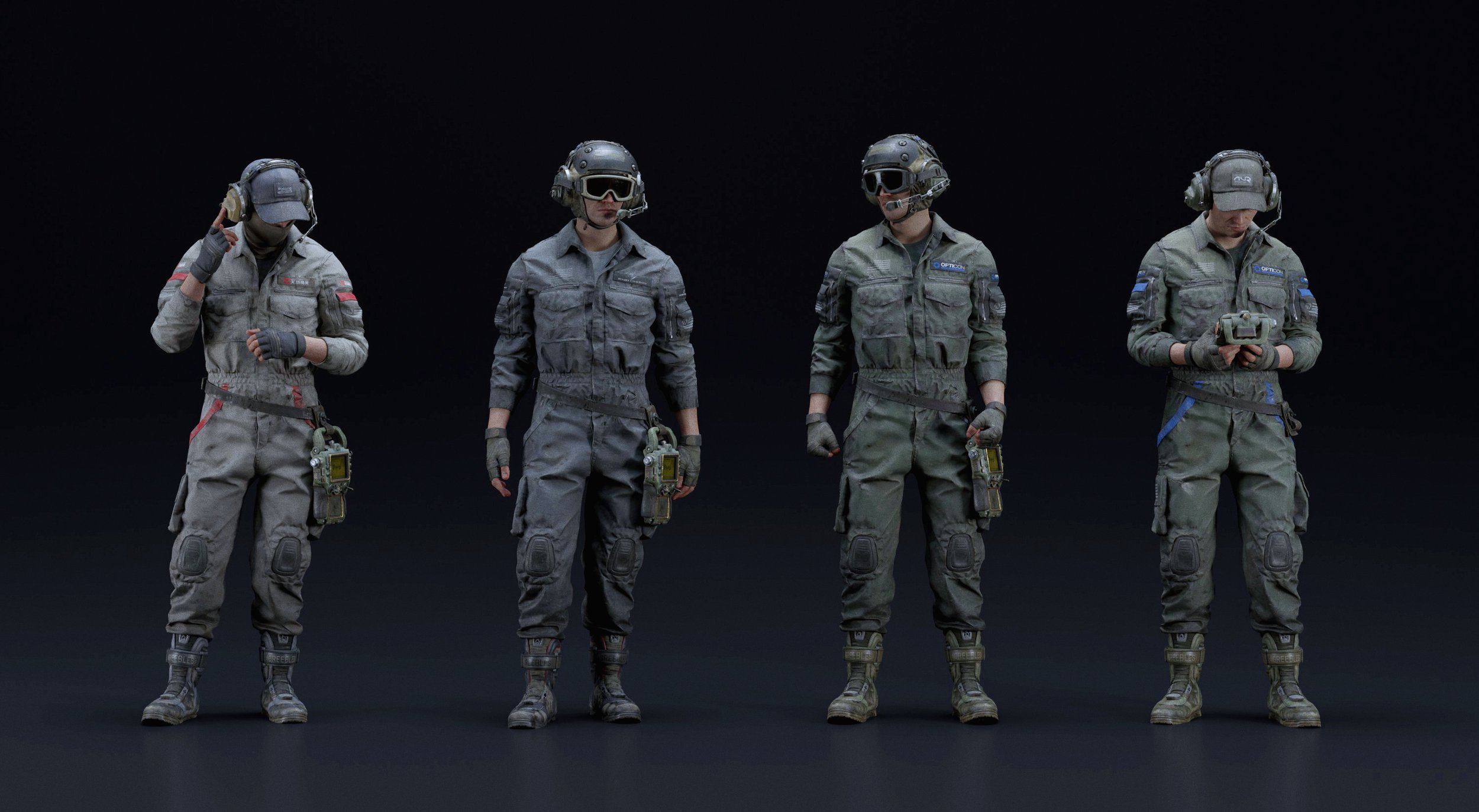 he image shows a 3d render of four soldiers in tactical gear. each soldier is wearing a different headset, helmet, and has unique elements to their outfit. the background is dark, and the soldiers are standing in a row.  they appear to be equipped with various gadgets and possibly a small drone. the overall aesthetic is gritty and realistic.