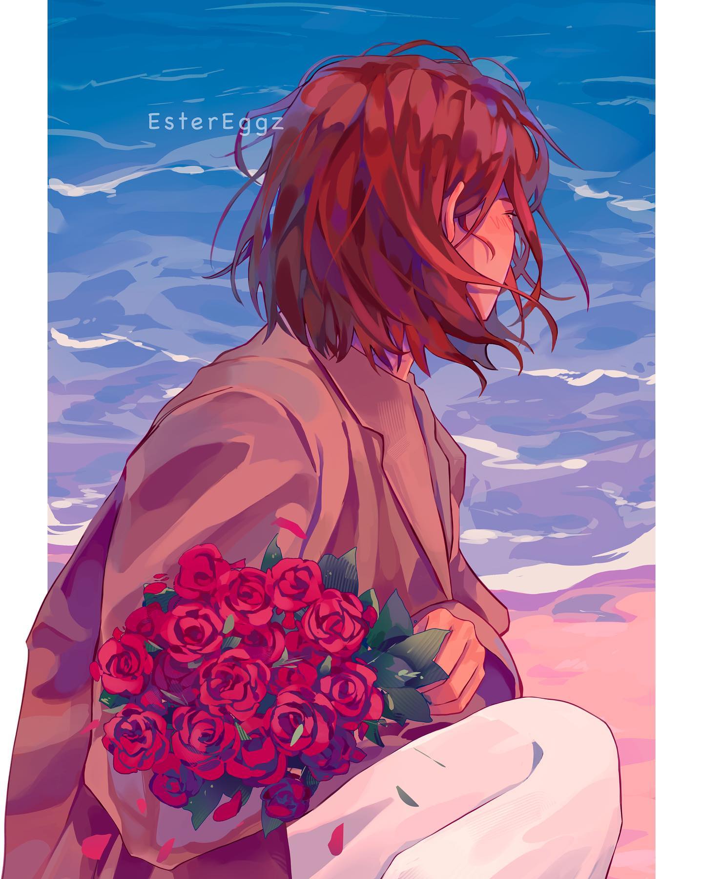 the artwork depicts an animestyle girl with long, reddishbrown hair. she's sitting on a beach at sunset, her profile turned away from the viewer.  she's wearing a light brown coat and white pants, and she holds a large bouquet of red roses. the ocean is a vibrant blue and purple, the sky a soft blend of pinks and oranges. the overall mood is melancholic and romantic, hinting at a possible theme of lost love or unrequited affection. the artist's signature, "estereggz," is visible in the upper left corner. the style is painterly and utilizes a soft color palette.