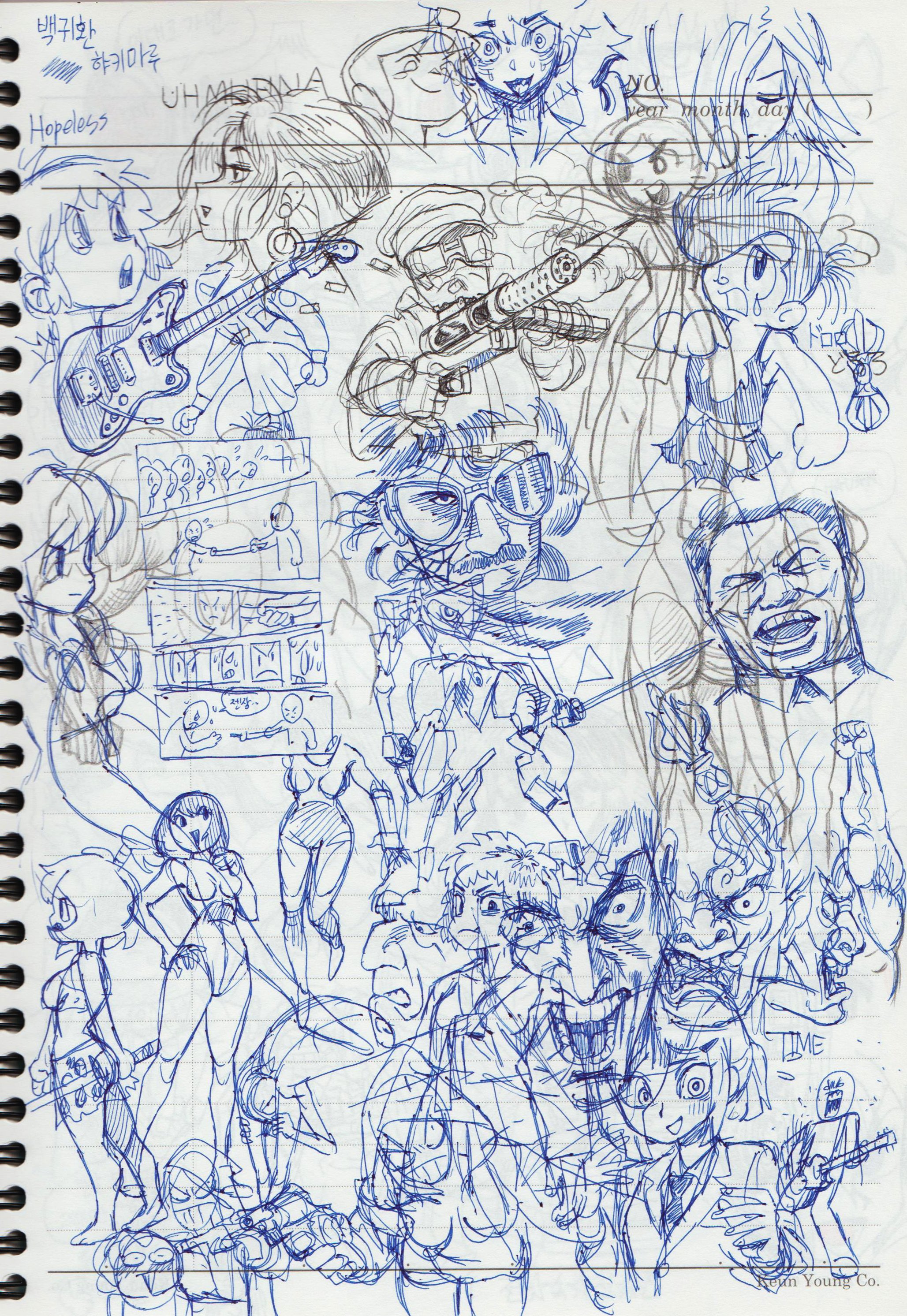 a notebook page covered in messy blue ink drawings and doodles. the page is filled with various characters, some with exaggerated features and expressions, and others more simple. the drawings are overlapping and chaotic, making it difficult to distinguish individual figures. the notebook paper has lined spacing and some writing at the top of the page, which is partially covered by the drawings. the style of the art is similar to anime or manga, with bold lines and exaggerated features. the overall impression is one of creativity and energy.