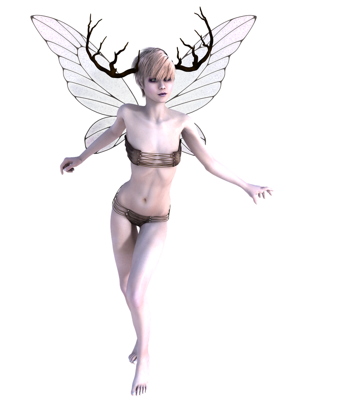 a digital illustration of a fairy with fair skin, wings, and antlers, posing against a black background. the fairy is depicted as a slender woman in a minimal brown costume. the overall impression is ethereal and magical.