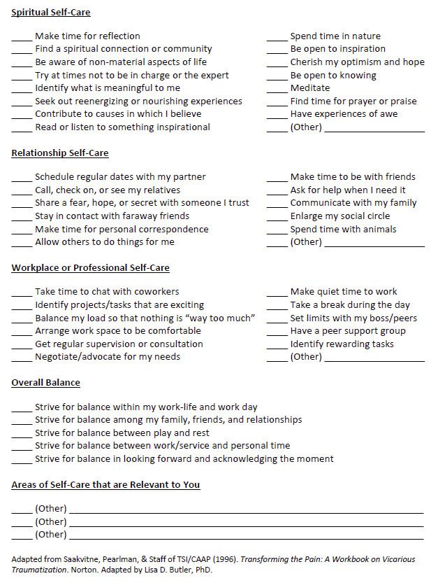 the image shows a worksheet titled "selfcare" that is divided into five categories: spiritual selfcare, relationship selfcare, workplace or professional selfcare, overall balance, and areas of selfcare that are relevant to you. each category lists specific activities or actions that promote selfcare in that area. there are blank lines next to each item, presumably for checking off completed tasks. there are also blank lines with "(other)" at the end of each category to add items. the source of the worksheet is credited at the bottom.