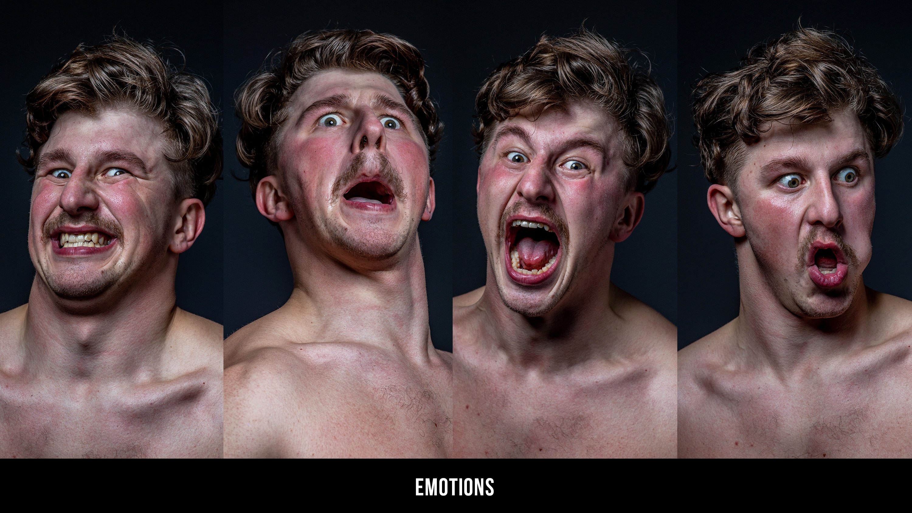 four portraits of the same young man, each displaying a different facial expression:  fear, disgust, yelling, and shock.  he is shirtless and is illuminated by a bright light.