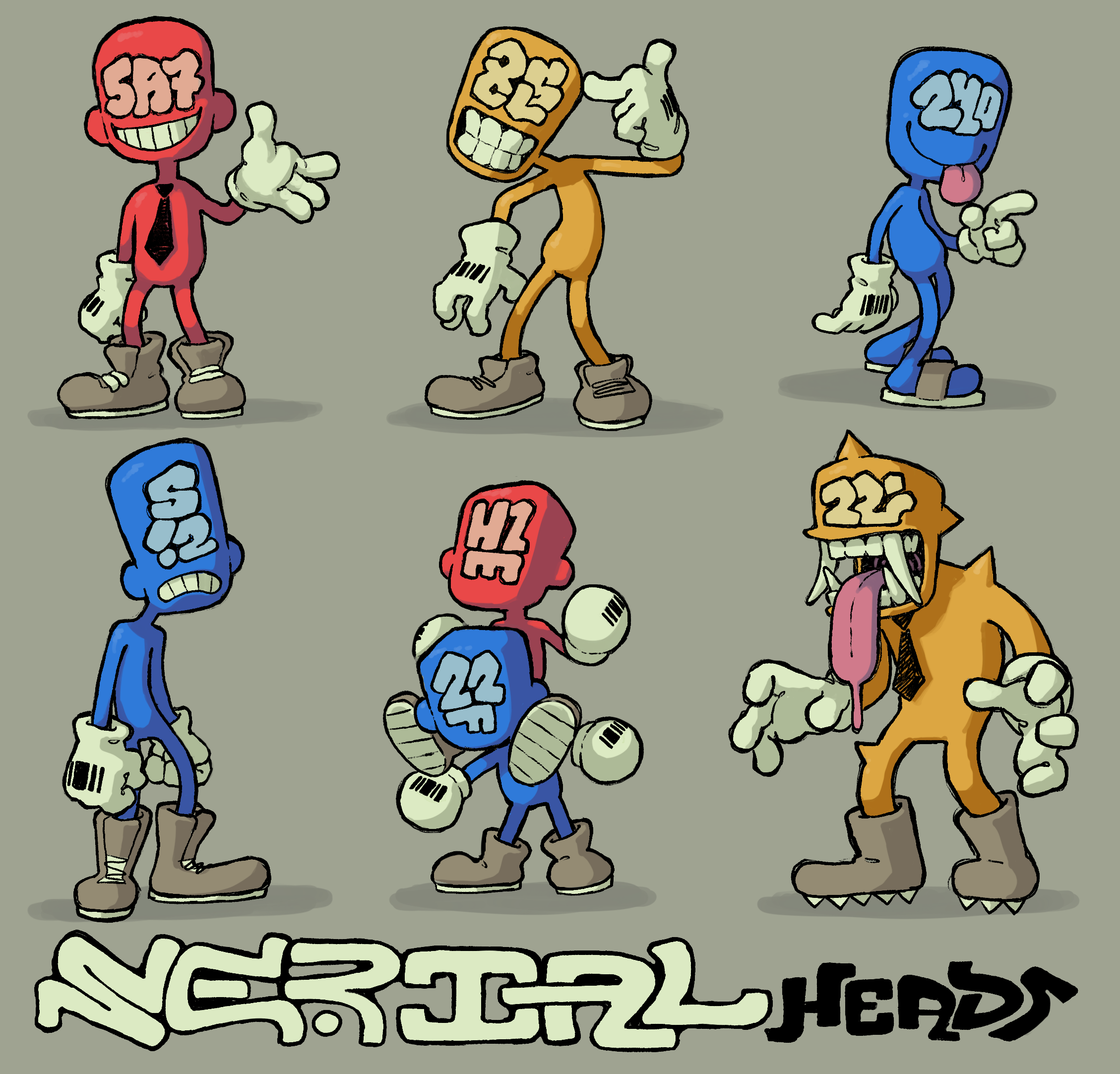 six cartoon characters with blockheads, each with unique features and expressions. the characters have a rubber hose animation style. they're set against a plain background, with the text "normal heads" beneath them.