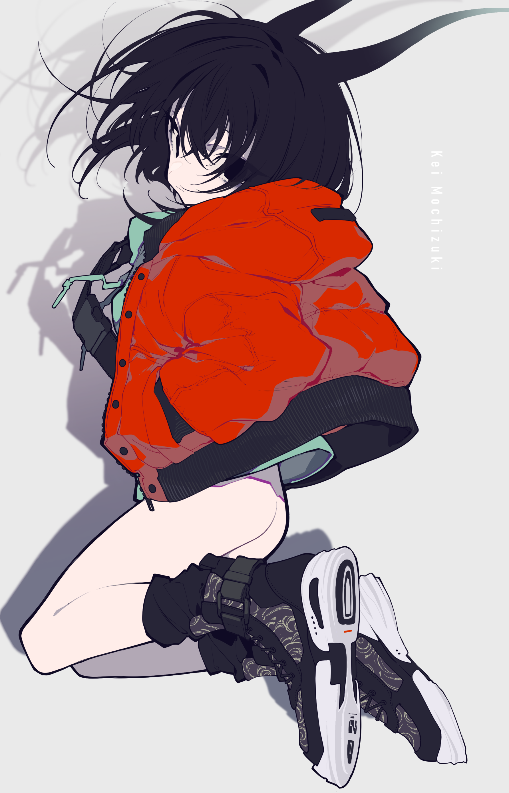 an anime girl with black hair is wearing a red jacket, black shorts, and black and white sneakers.
