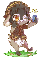 a chibi goat furry dressed in brown and white clothes is taking a selfie with a blue phone. he has brown fur, white patches on his face and legs, and big yellow eyes. he is standing on a patch of green grass and appears to be very happy.