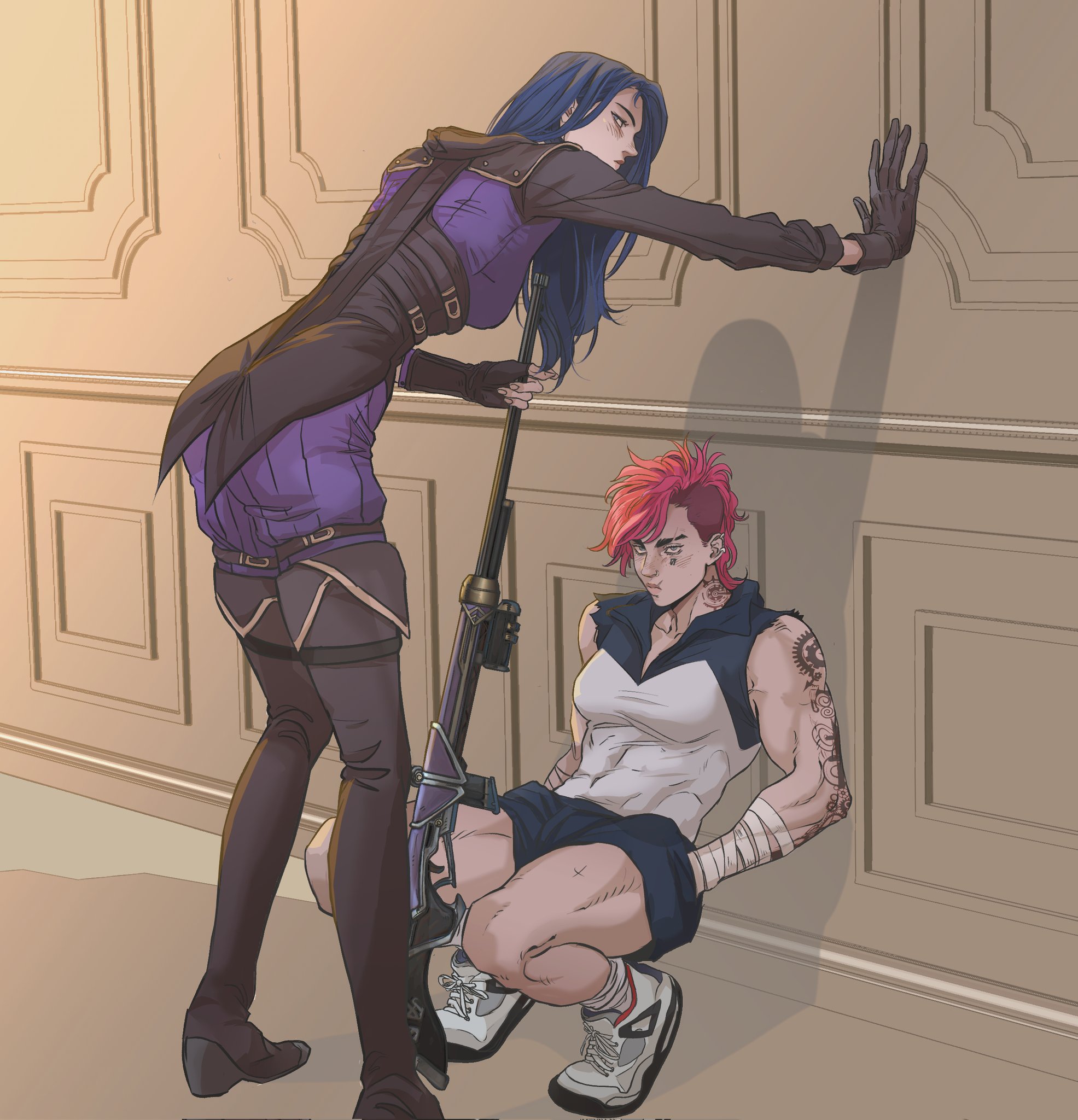 illustration of vi, a character with red hair, and caitlyn, a character with blue hair, from arcane in an indoor setting. caitlyn stands while holding a rifle while leaning on a wall. vi is crouching next to the wall as well.
